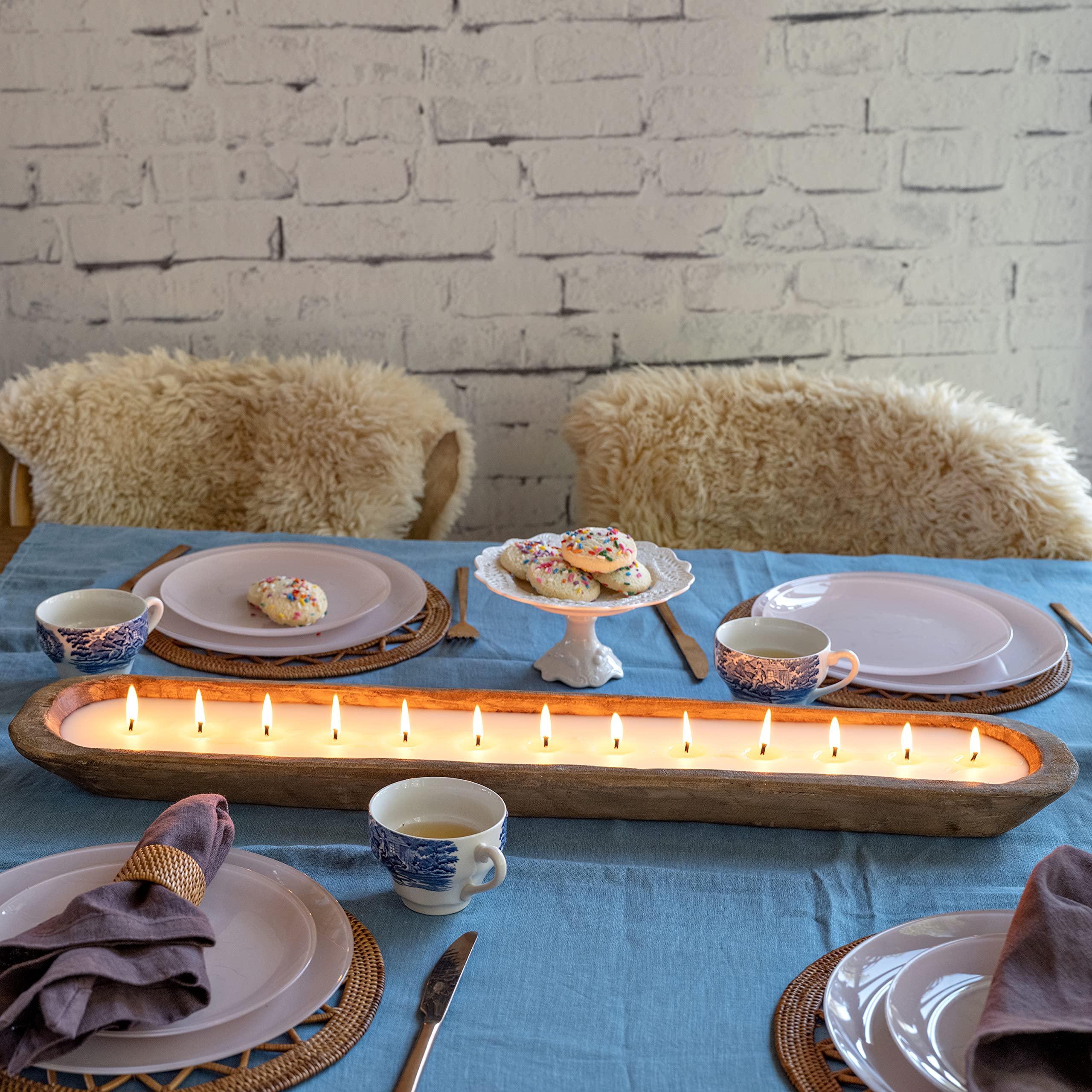 30 Inch Wooden Dough Bowl Candles - Farmhouse Table Centerpiece, Unscented Soy Candle in Wooden Bowl for Rustic Home Decor | Perfect for Dining Table, Wedding Centerpieces & Cozy Living Room Ambiance