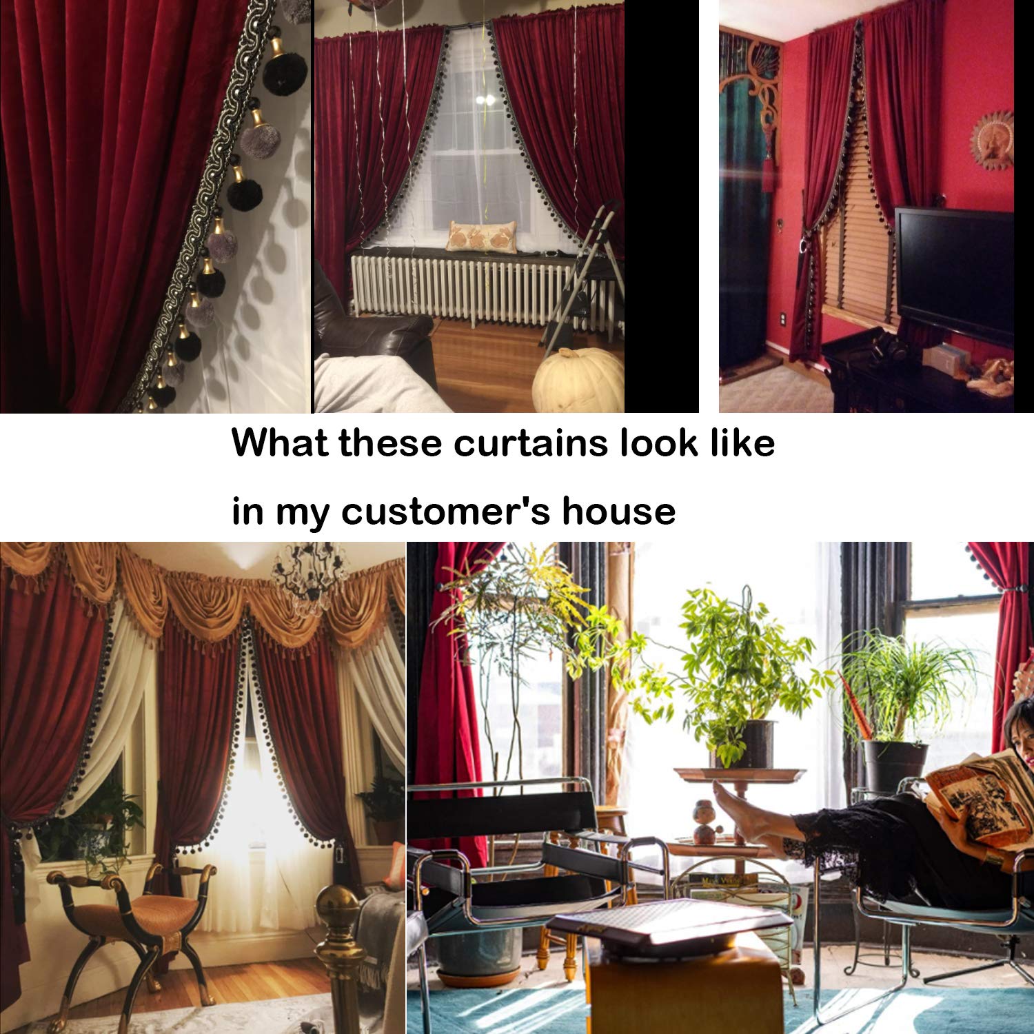 Premium Blackout Velvet Curtains Set - 2 Panels Luxury Tassel Drapes for Living Room & Bedroom (Burgundy, 100