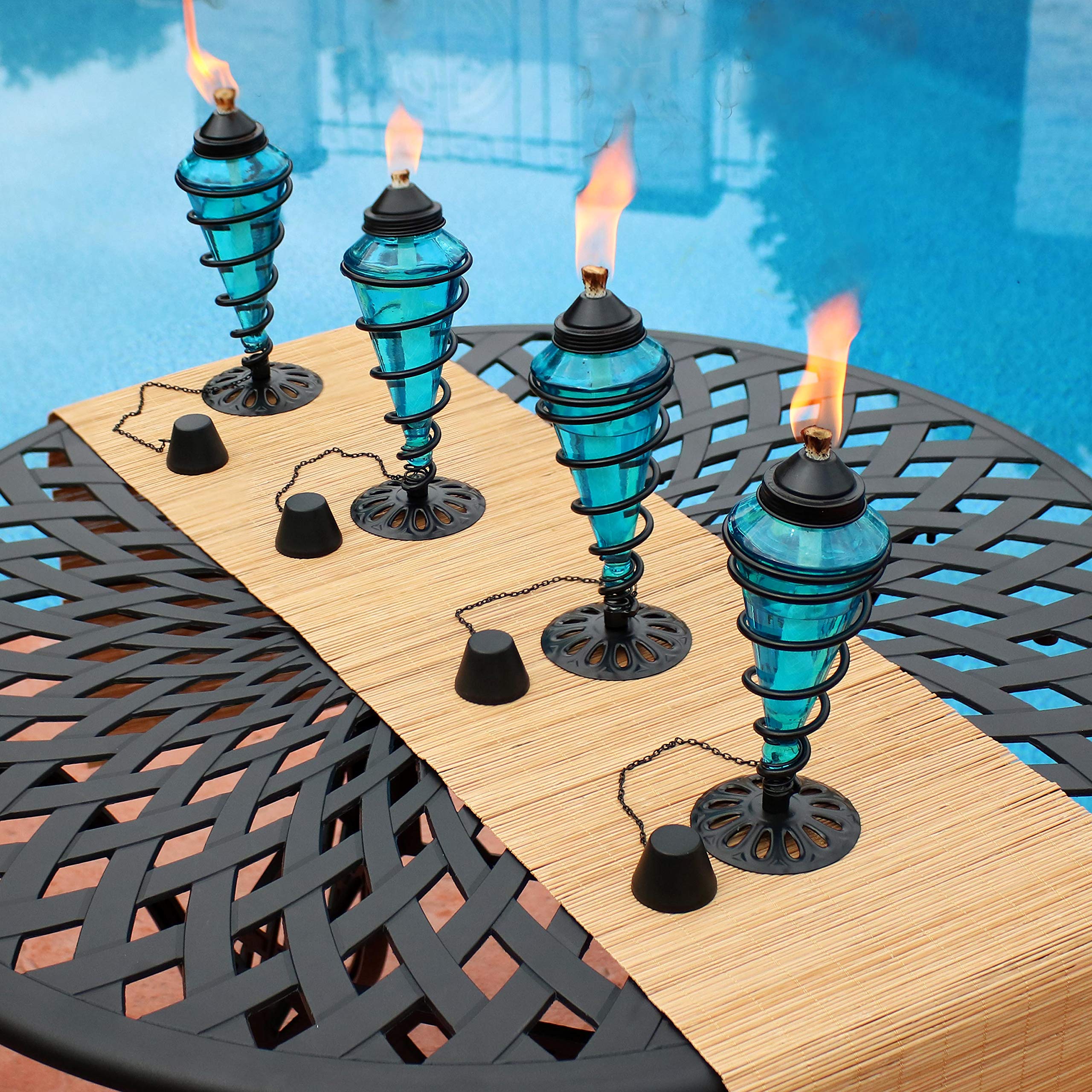 Sunnydaze Decorative Outdoor Torches - Set of 4 Blue Swirling Metal & Glass Tabletop Torches for Patio, Garden, Lawn, Backyard, Poolside Lighting and Ambiance