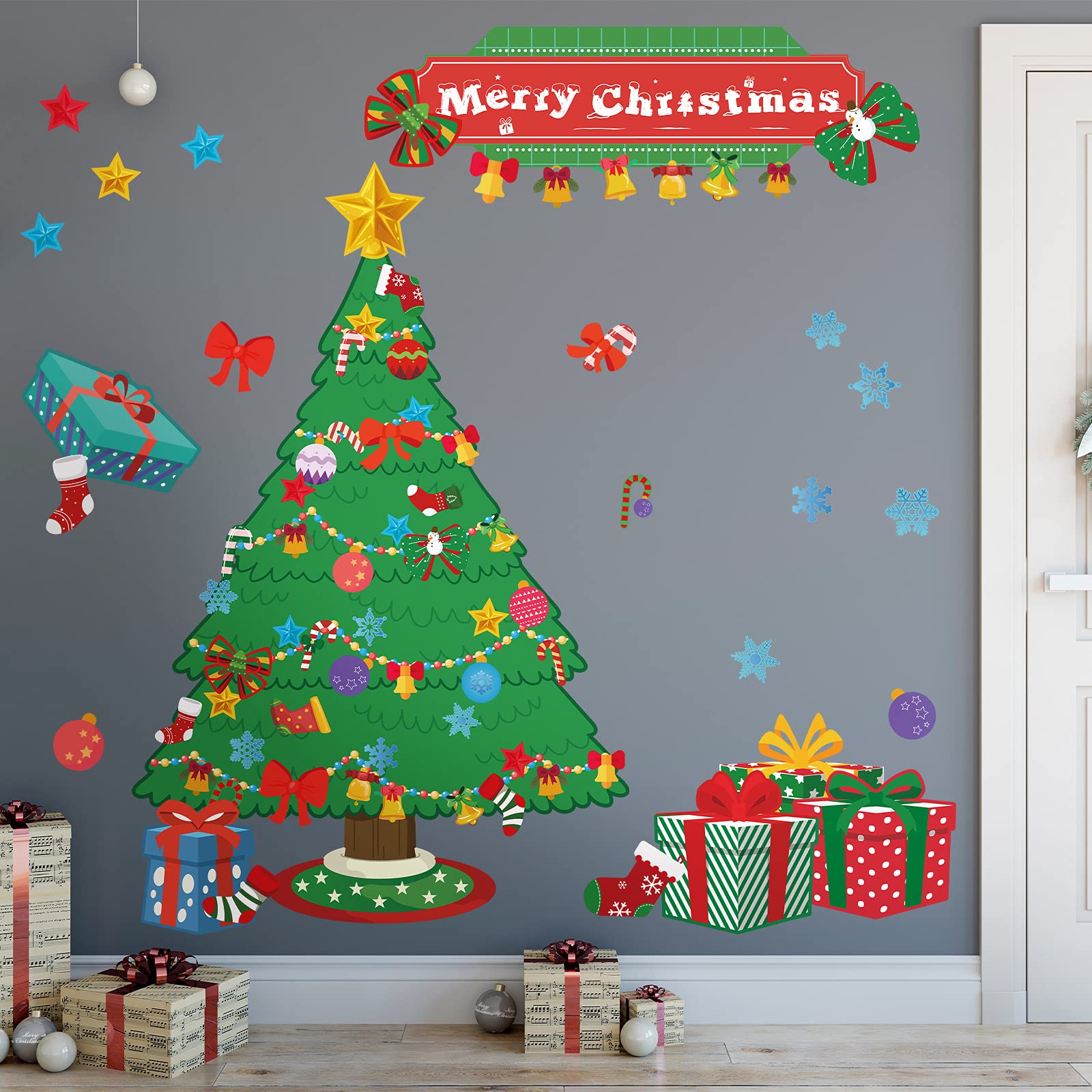 71 Piece Christmas Classroom Decor Set - Tree, Banners, Candy Canes, Stars, Bells, Snowflakes, Presents, Stockings & Bows - Holiday Party, School Bulletin Board & Winter Classroom Decoration Kit