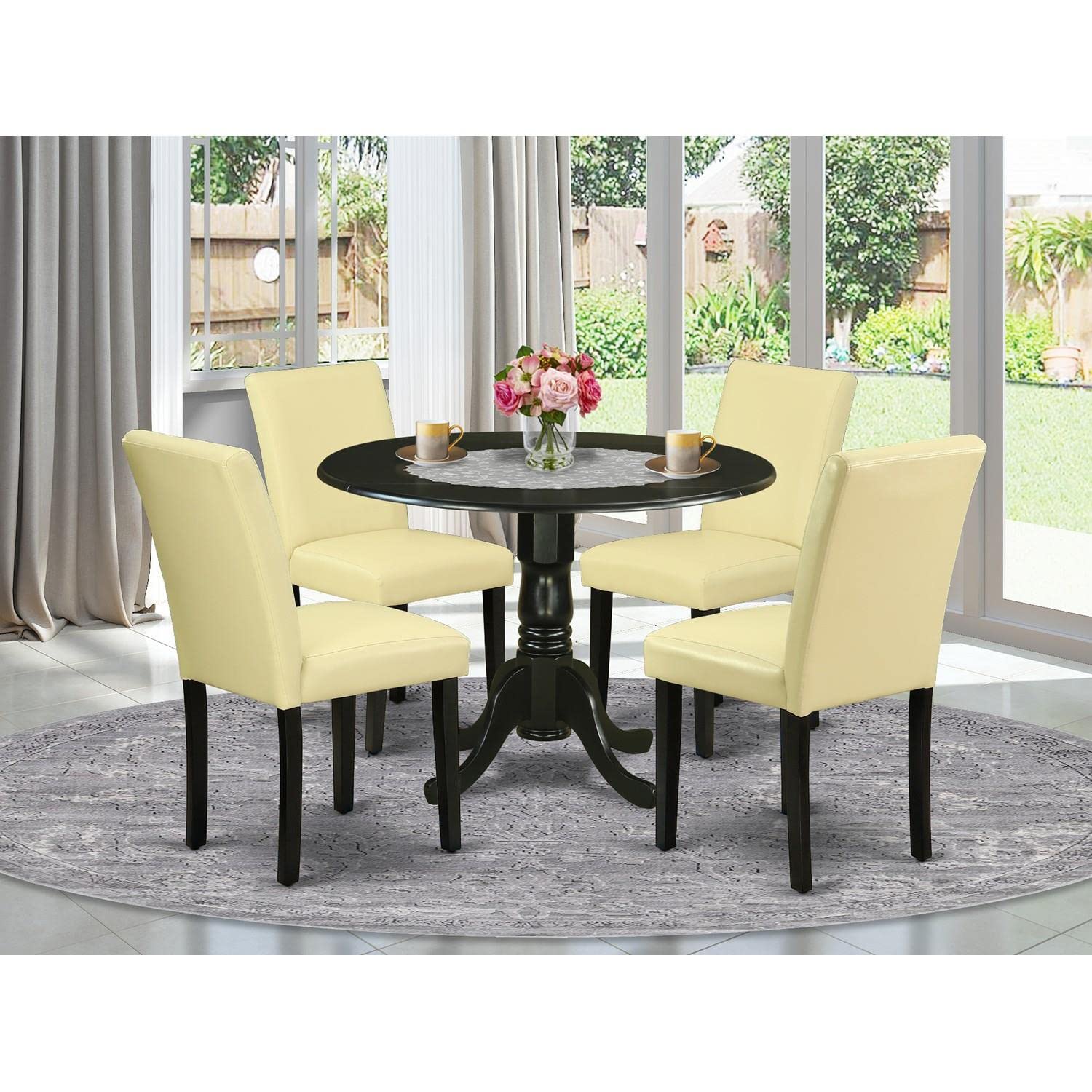 East West Furniture DLAB5-BLK-73 5-Piece Black Round Dining Table Set with Drop Leaf & 4 Faux Leather Chairs - 42x42 Inch Kitchen Table for Small Spaces, Breakfast Nook, or Apartment Dining