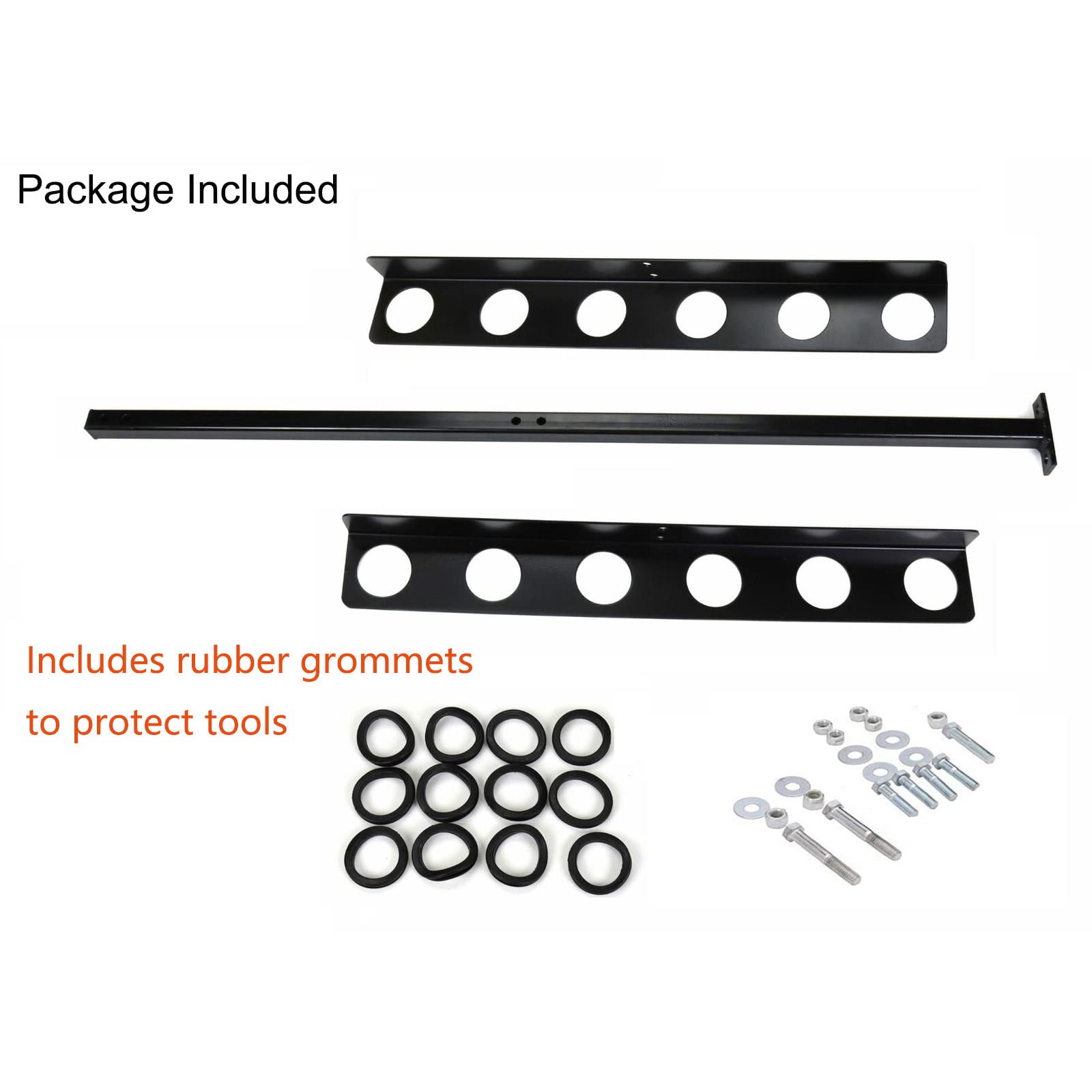 6-Hole Black Powder Coated Hand Tool Rack for Truck & Open Trailers - Heavy Duty Landscape Tool Organizer with Rubber Grommets & Mounting Hardware - Perfect for Construction, Farming & Outdoor Work