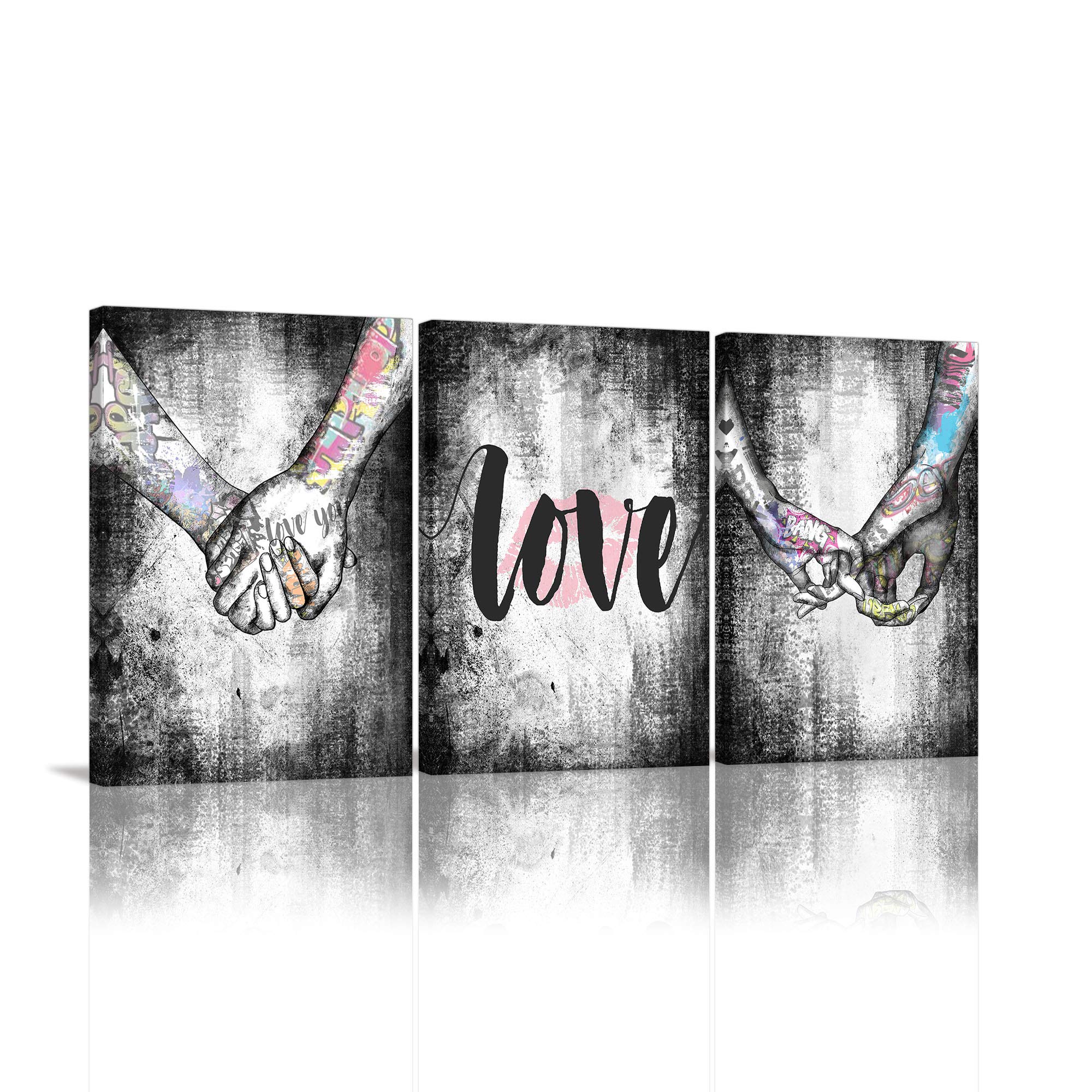 AMEMNY Black and White Wall Art - Love Hand in Hand Graffiti Painting Canvas Print - Modern Pop Art Poster for Bedroom & Living Room Decor - Framed Ready to Hang - Perfect for Couples' Home & Romantic Gift Ideas