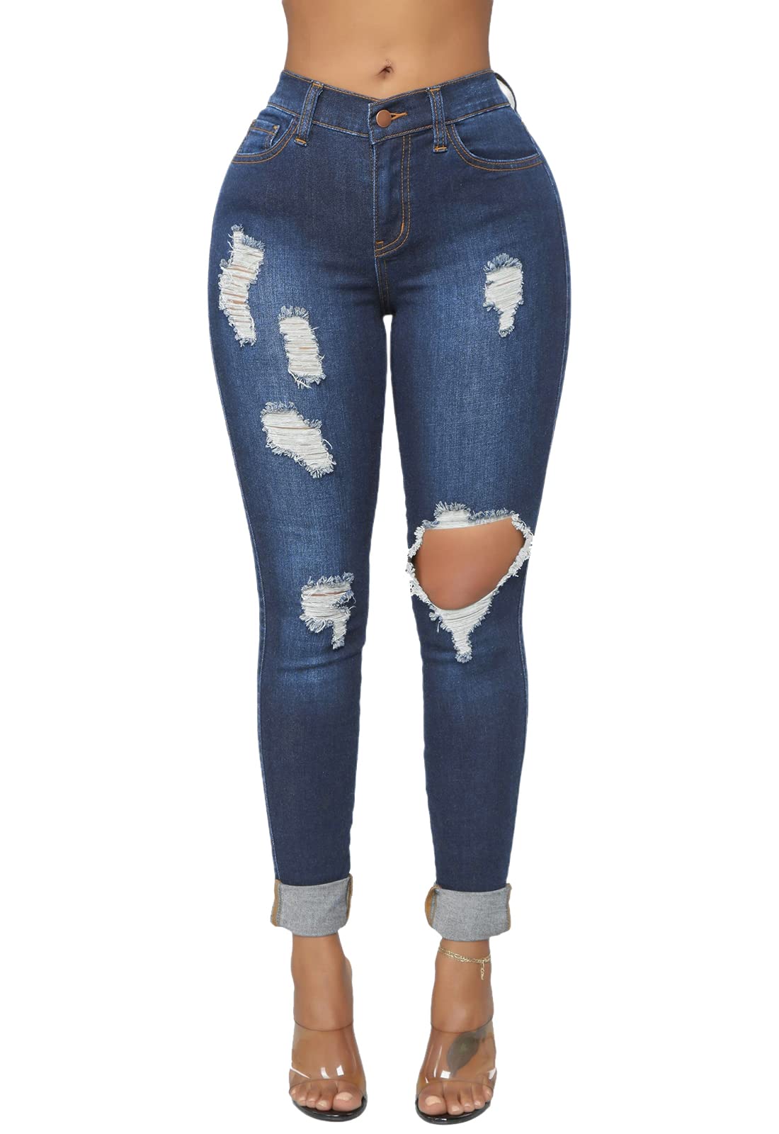 FairBeauty Women's Skinny Stretch Jeans - High Waisted Slim Fit Ripped Denim Pants with Raw Hem & Frayed Details | Perfect for Casual Outfits, Date Nights & Street Style Fashion
