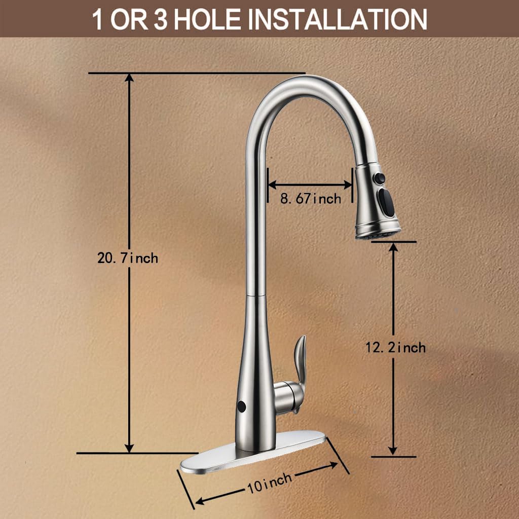 Touchless Kitchen Faucet with Pull Down Sprayer - Brushed Nickel Single Handle Motion Sensor Faucet for Sink, 3-Function (Stream/Spray/Pause) - Fits 1 or 3 Holes, Stainless Steel Construction - Perfect for Modern Kitchens & Busy Home Chefs