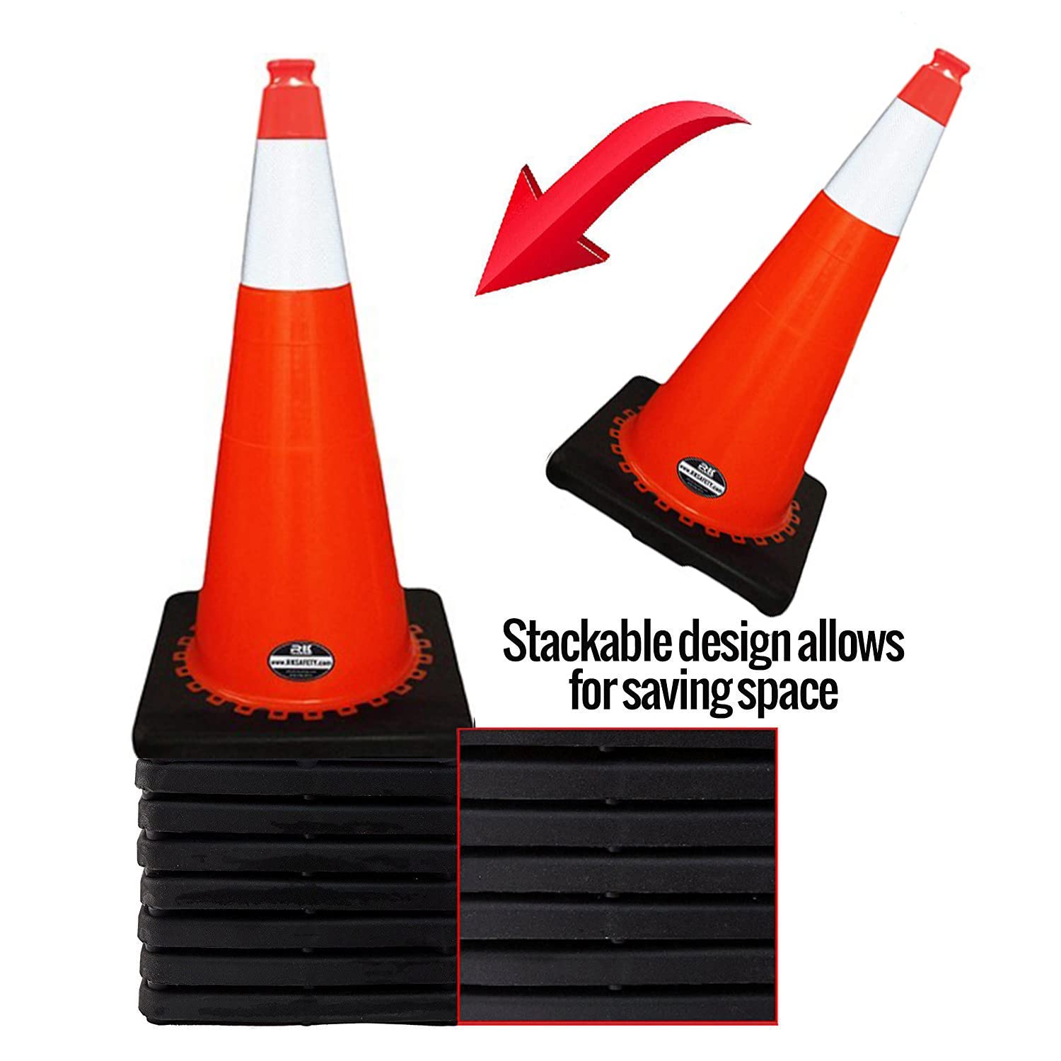 16-Pack 28 Inch Orange PVC Safety Traffic Cones with Black Base & Reflective Collar - Road Construction, Parking Control, Event Marking, Sports Training