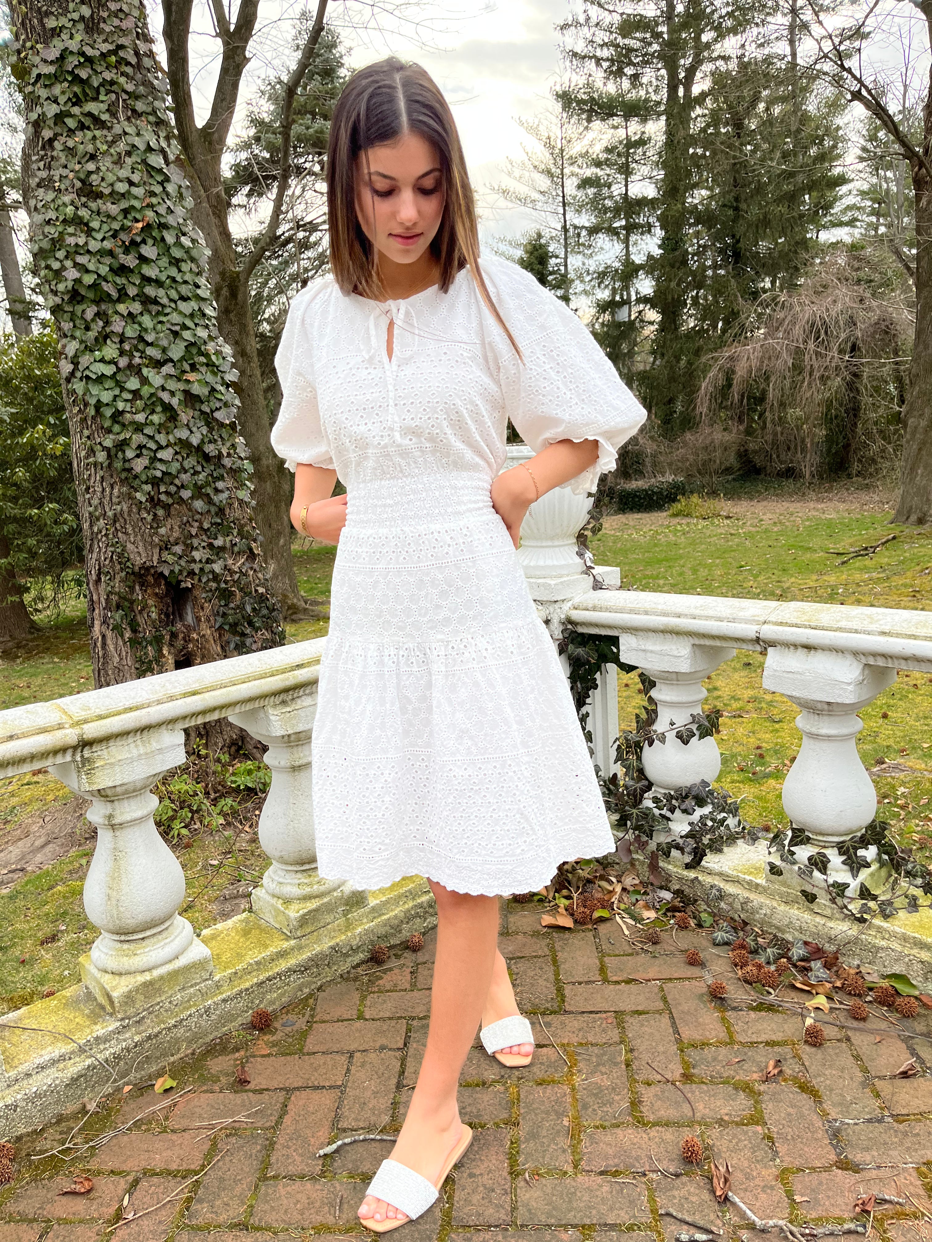 Elegant White Eyelet Midi Dress for Women - Summer Boho Floral Lace Sundress - Perfect for Beach Vacations, Garden Parties & Date Nights