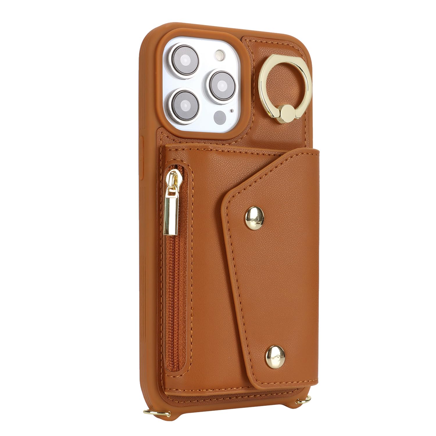 iPhone 12 Pro Max Wallet Case with Card Holder & Crossbody Strap - 6.7 Inch Zipper Pocket Phone Case with Stand Ring | Stylish & Functional Women's Wallet Case (Brown) | Perfect for Shopping, Travel & Everyday Use