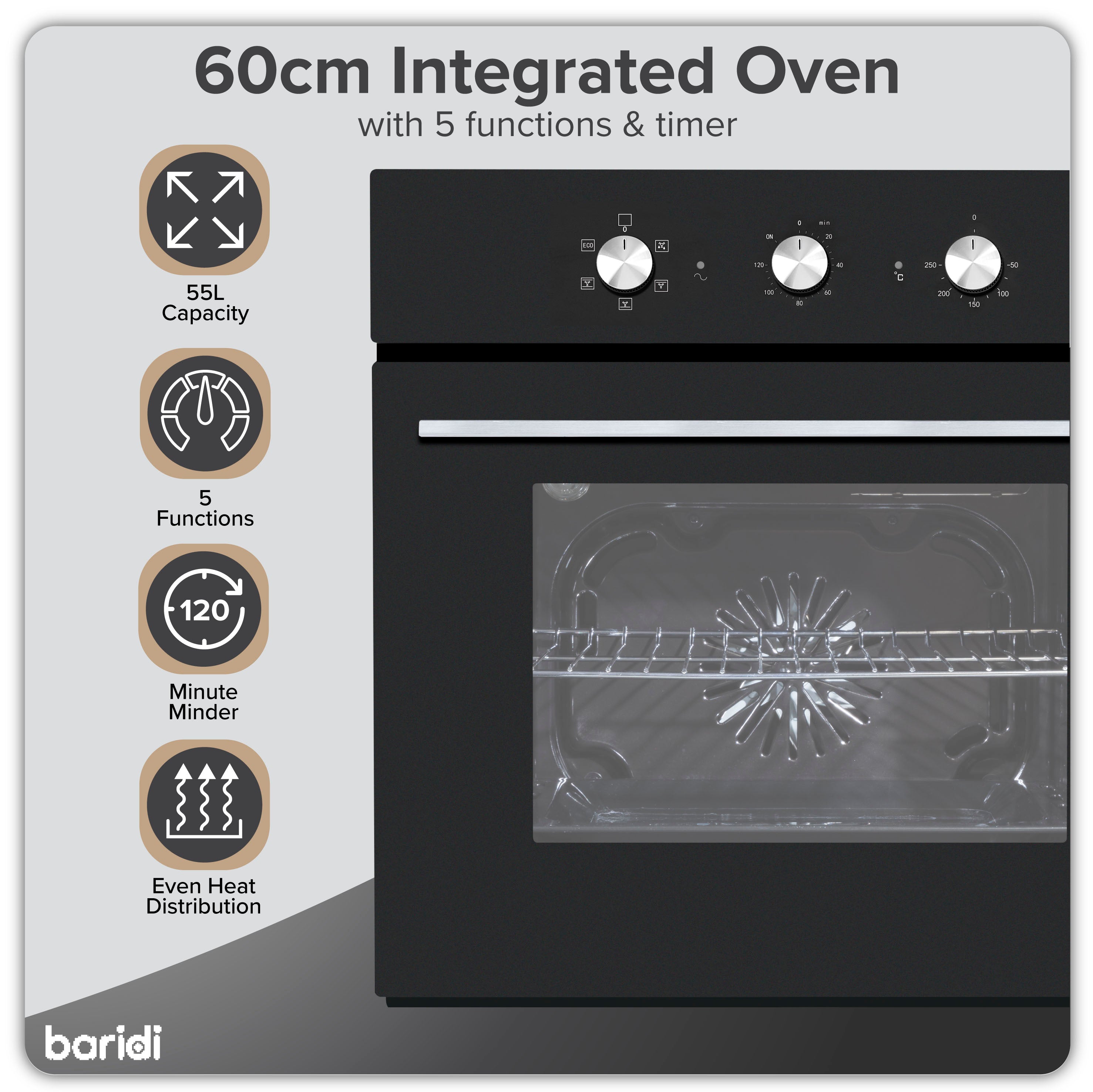 Baridi 60cm Built-In 5 Function Fan Assisted Electric Oven with Timer - 55L Capacity, Black (DH110) - Perfect for Baking, Roasting & Grilling in Modern Kitchens