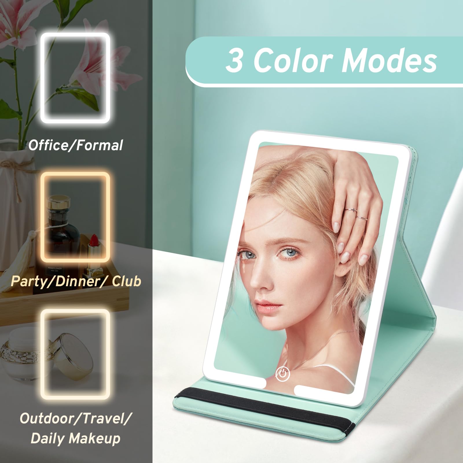 LED Travel Makeup Mirror with 3 Lighting Modes - Rechargeable Folding Vanity Mirror with Touch Screen & Dimmable Lights | Portable PU Leather Compact Mirror for Home, Travel & Professional Makeup Application | Perfect for Hotels, Airbnb, Dorm Rooms & Beauty On-The-Go