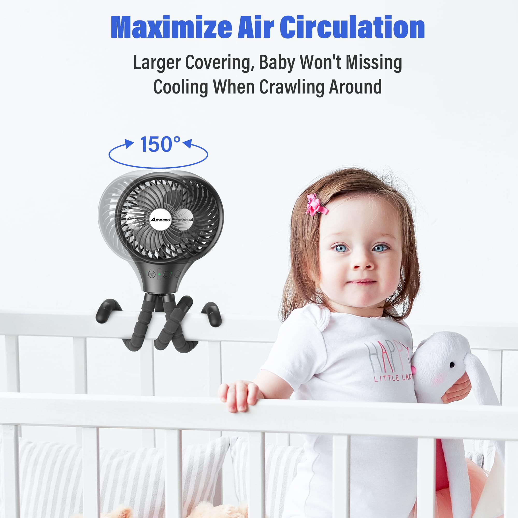 Portable Baby Stroller Fan with Auto Oscillation - 3-Speed Rechargeable Battery Operated Fan, Flexible Tripod & Clip On Design for Car Seat, Crib, Wagon, Bike, Treadmill - Perfect for Camping, Travel & Outdoor Activities