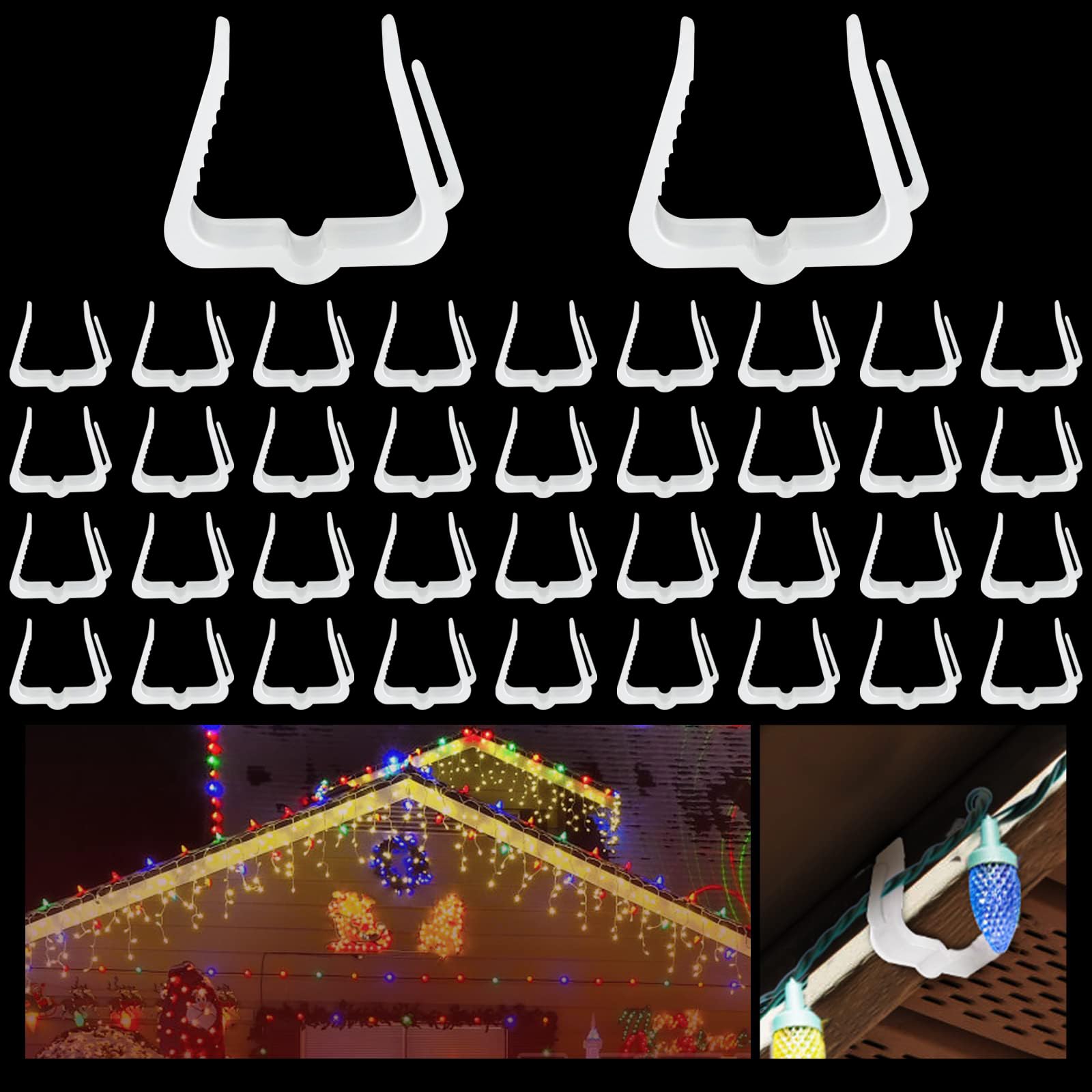 200PCS Christmas Light Clips for Fascia Board & Deck Banister - Heavy Duty Plastic Hangers for Indoor/Outdoor Holiday Lights (Fits 1