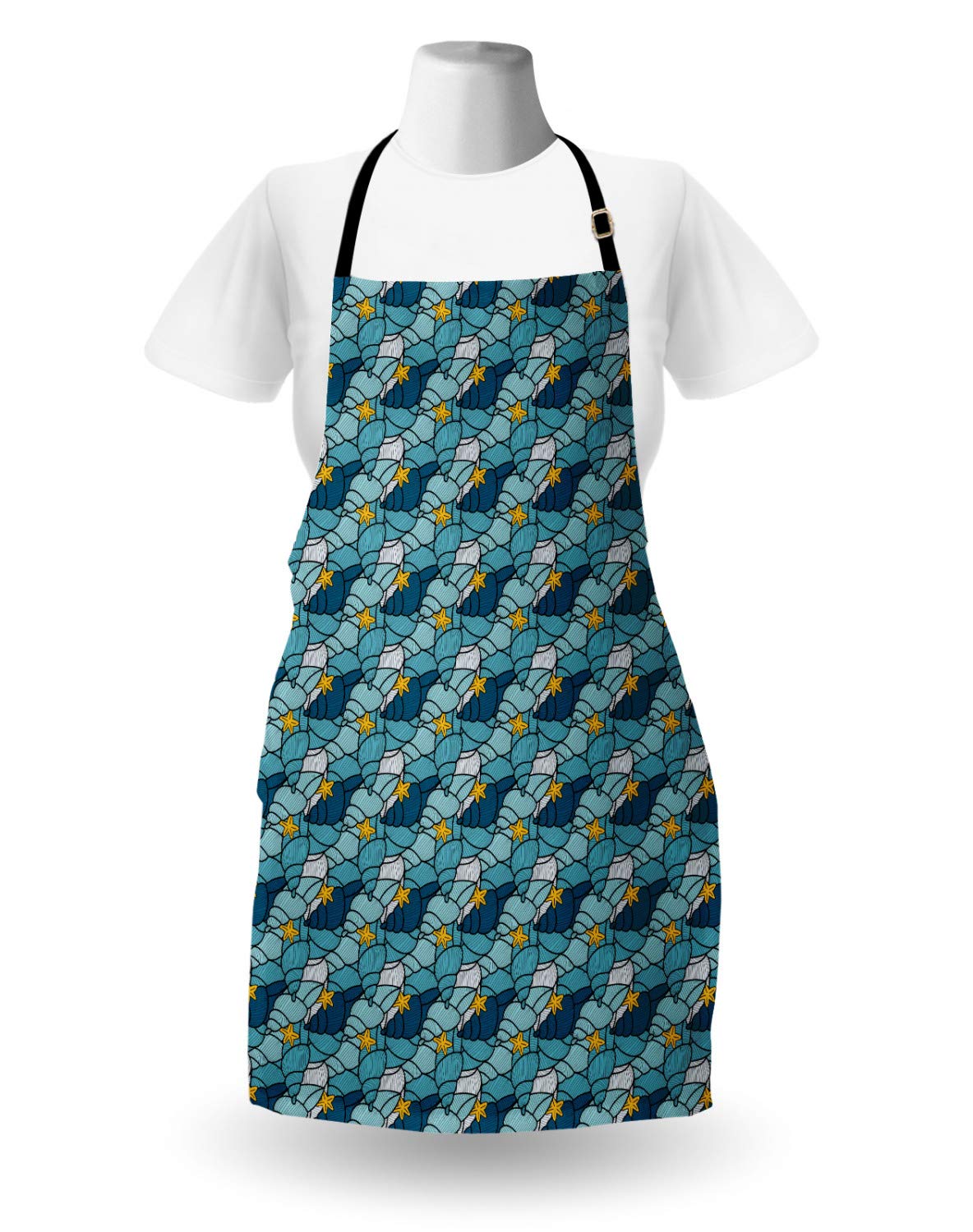 Ambesonne Nautical Apron - Seashells & Starfish Design, Adjustable Unisex Kitchen Bib for Cooking & Gardening