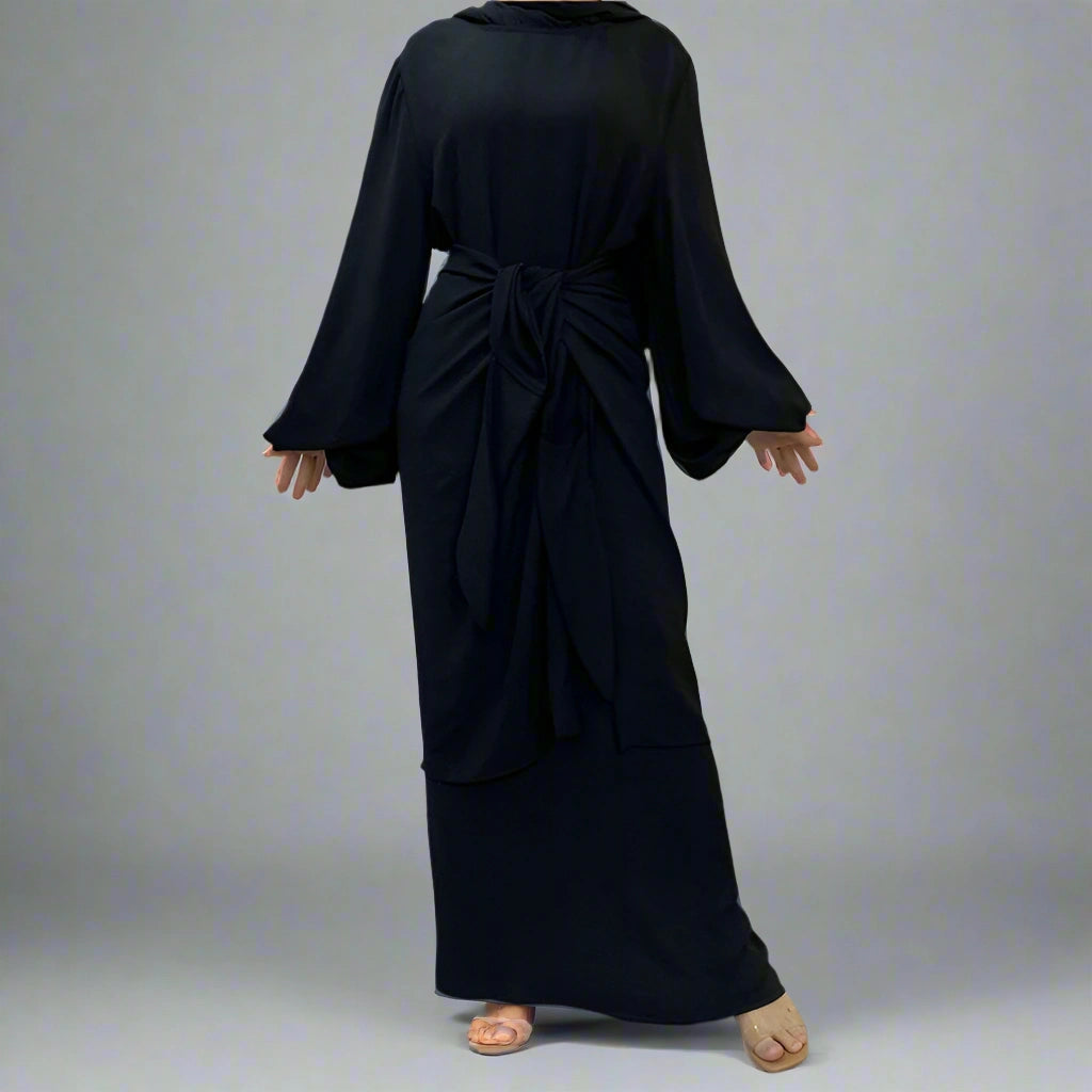 Elegant Solid Color Muslim Women's Abaya Dress with Mid Wrap - Modest Islamic Prayer Dress for Daily Wear & Special Occasions