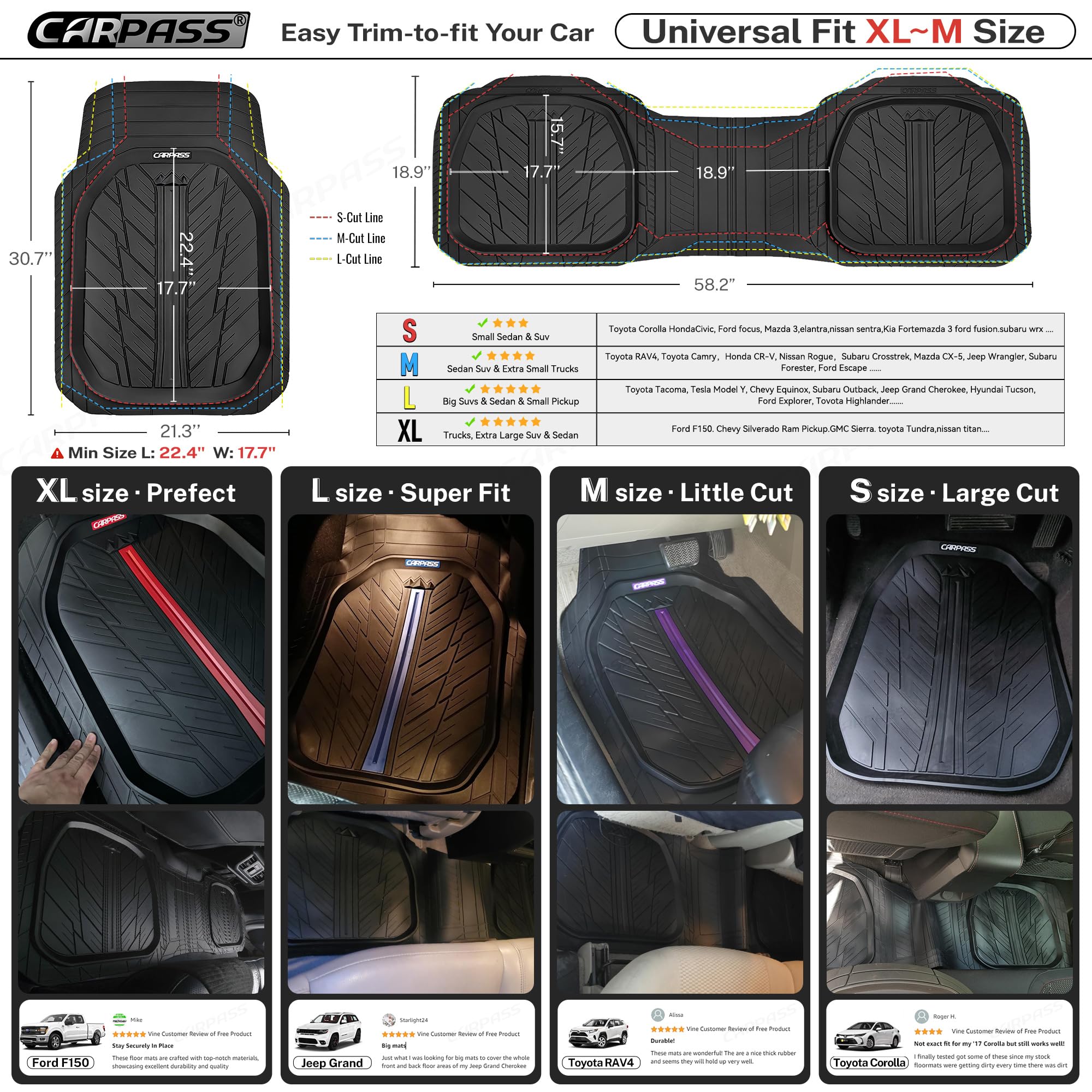 Heavy Duty All Weather Rubber Floor Mats for Cars & SUVs - CAR PASS Tire Tread DeepDish Design, Universal Fit (Trim to Size), Waterproof 3-Piece Set (Red/Black) - Perfect for Trucks, SUVs & Off-Road Vehicles in Rain, Snow & Mud Conditions