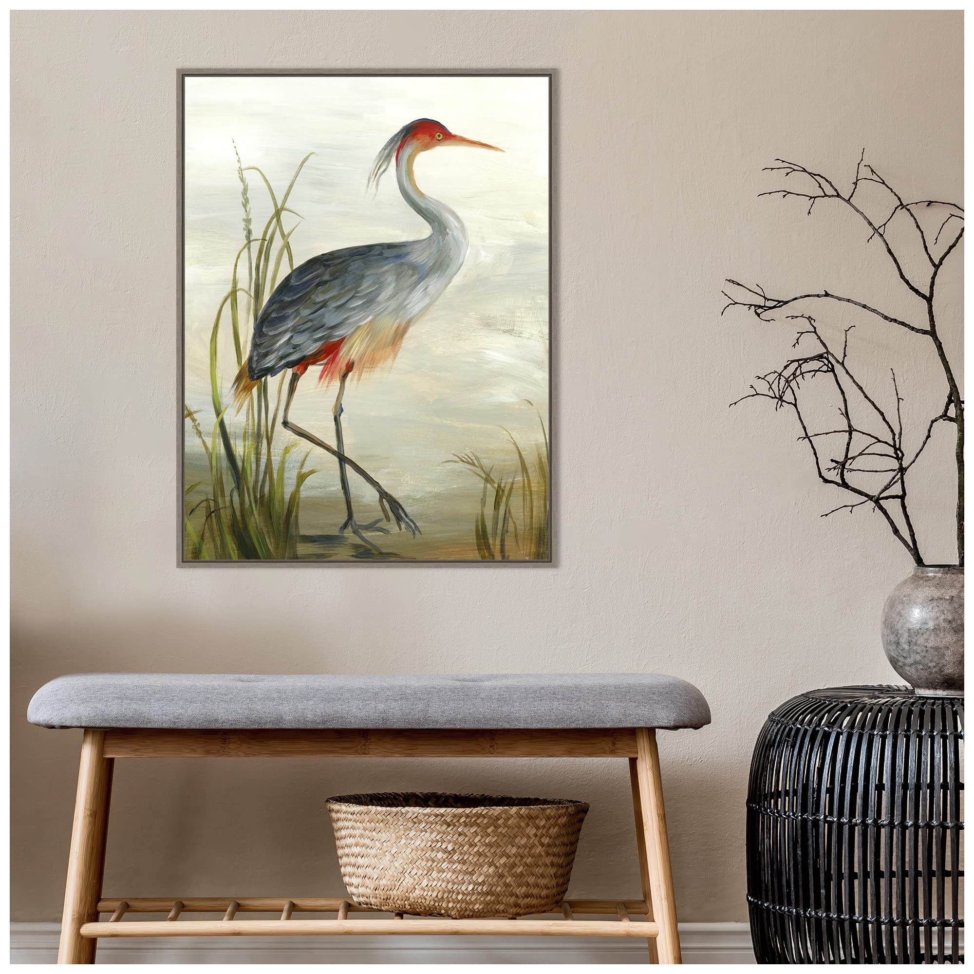 Amanti Art Framed Canvas Wall Art - 30x23 Grey Heron Painting by Aimee Wilson, Rustic Farmhouse Decor, Animal Artwork for Living Room, Bedroom, Bathroom & Kitchen | Large Framed Poster for Home & Office Décor