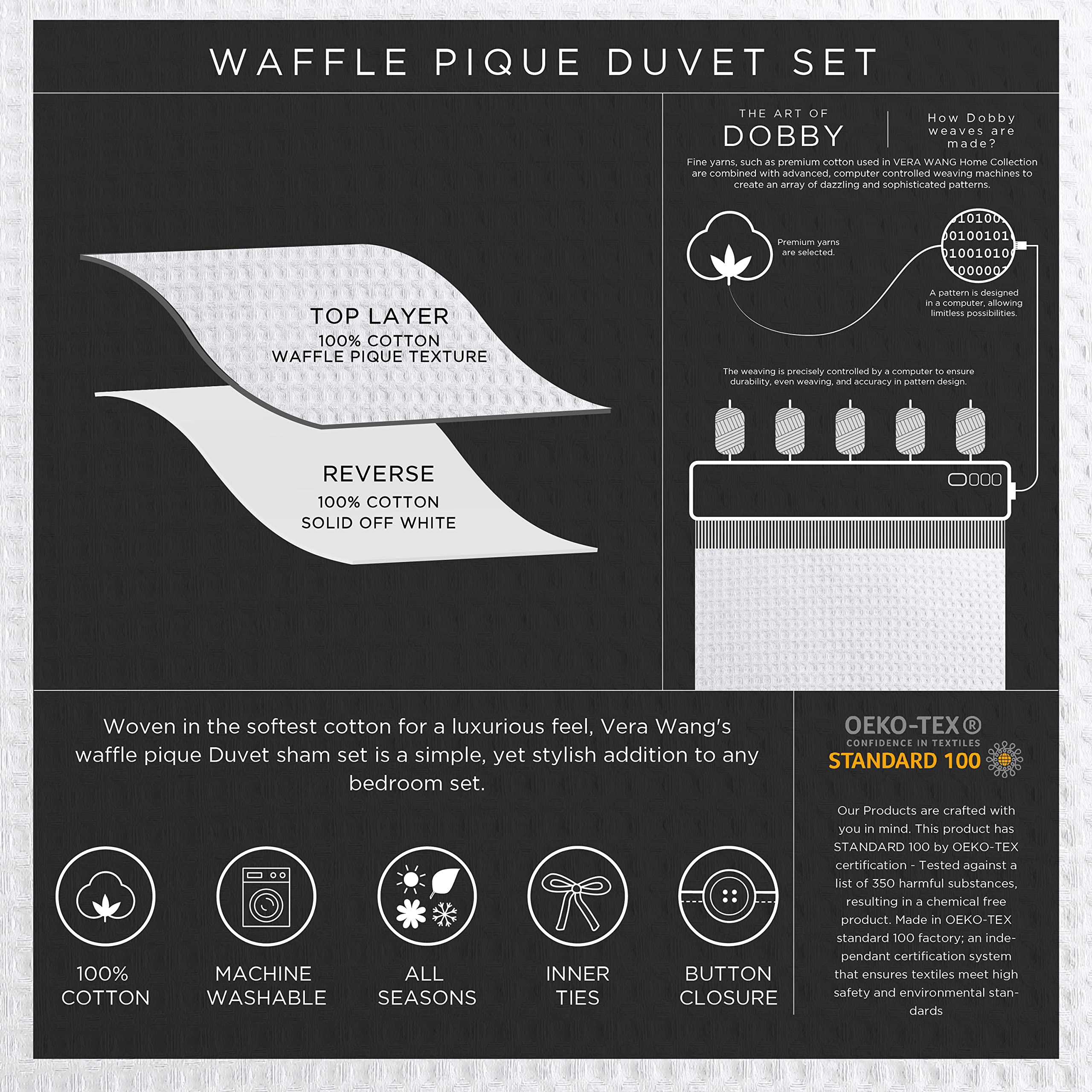 Vera Wang King Duvet Cover Set - 100% Soft Cotton Luxury Bedding with Matching Shams, Button Closure, Waffle Pique Midnight Design | Elegant Bedroom Decor for Master Suite, Guest Room & Hotel Style Upgrade