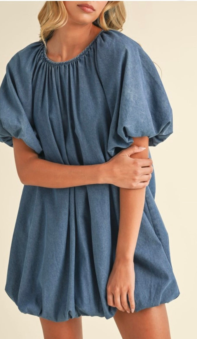 Stylish Denim Puff Sleeve Bubble Mini Dress for Women - Trendy Casual Outfit for Date Night, Parties & Summer Fashion
