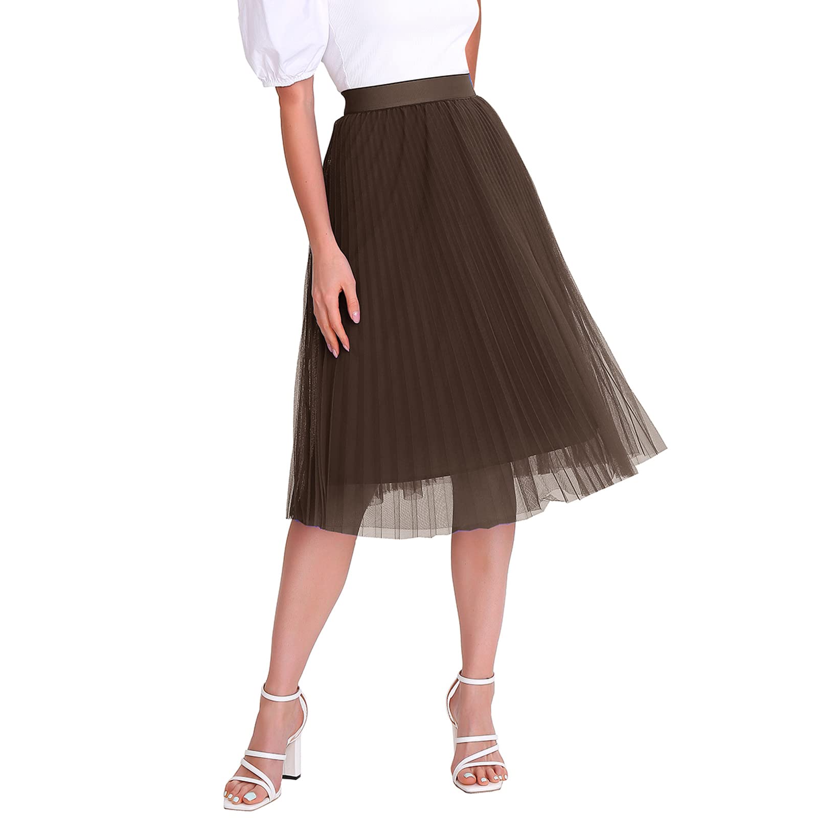 Elegant Women's Tulle Skirt - High Waist Midi A-Line Pleated Mesh Tutu Skirt with Elastic Waistband for Party, Wedding, Prom, Dance & Special Occasions