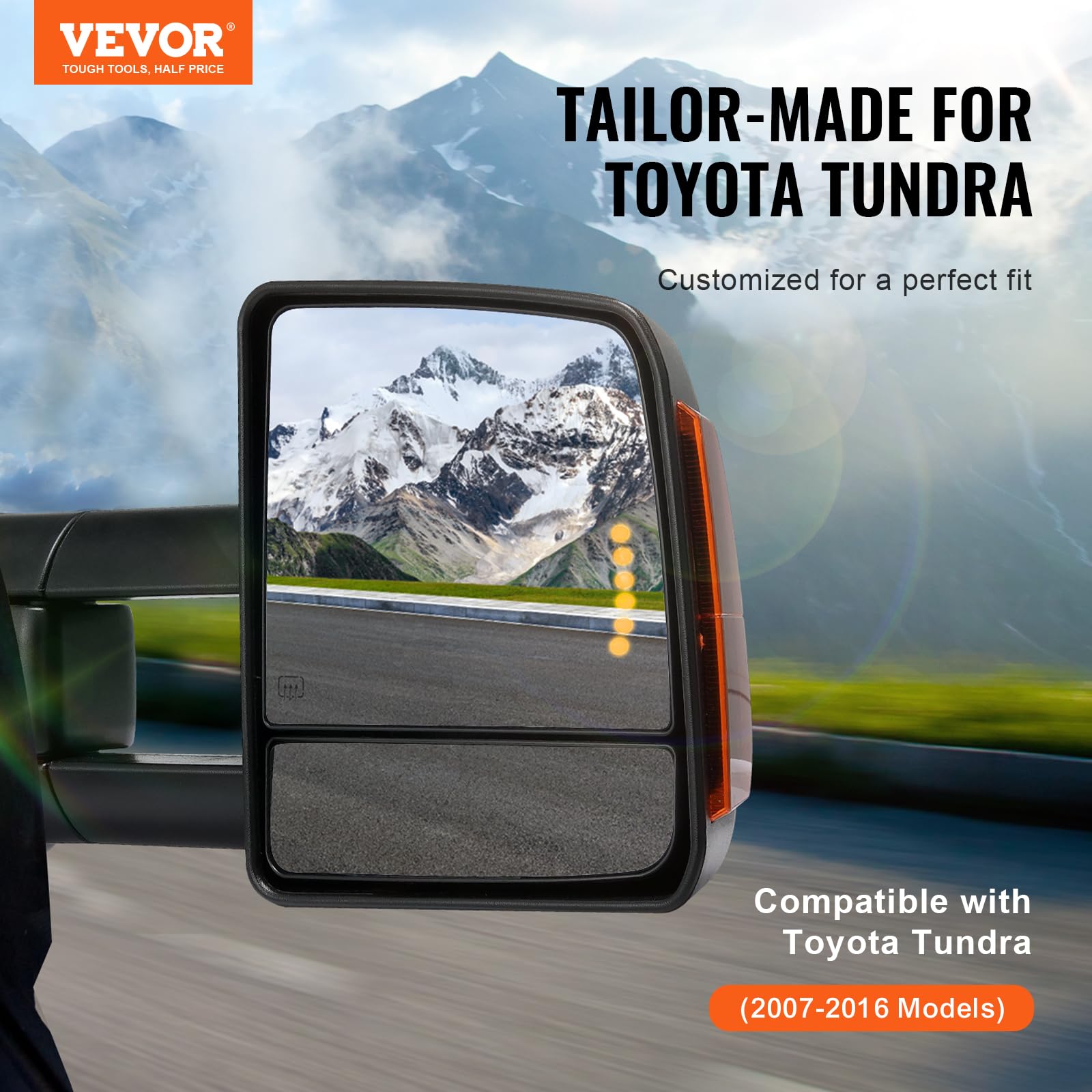 VEVOR Power Heated Towing Mirrors for 2007-2016 Toyota Tundra - LED Turn Signal Lights, Adjustable Plane & Convex Glass, Manual Telescoping Folding - Perfect for Towing Trailers, Boats & RVs (Black)