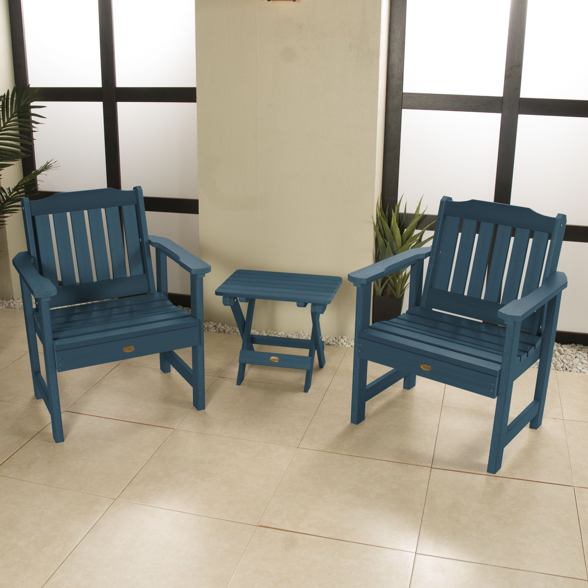 2 Pack Lehigh Folding Garden Chairs with Side Table - Outdoor Patio Furniture Set for Backyard, Poolside & Camping Use