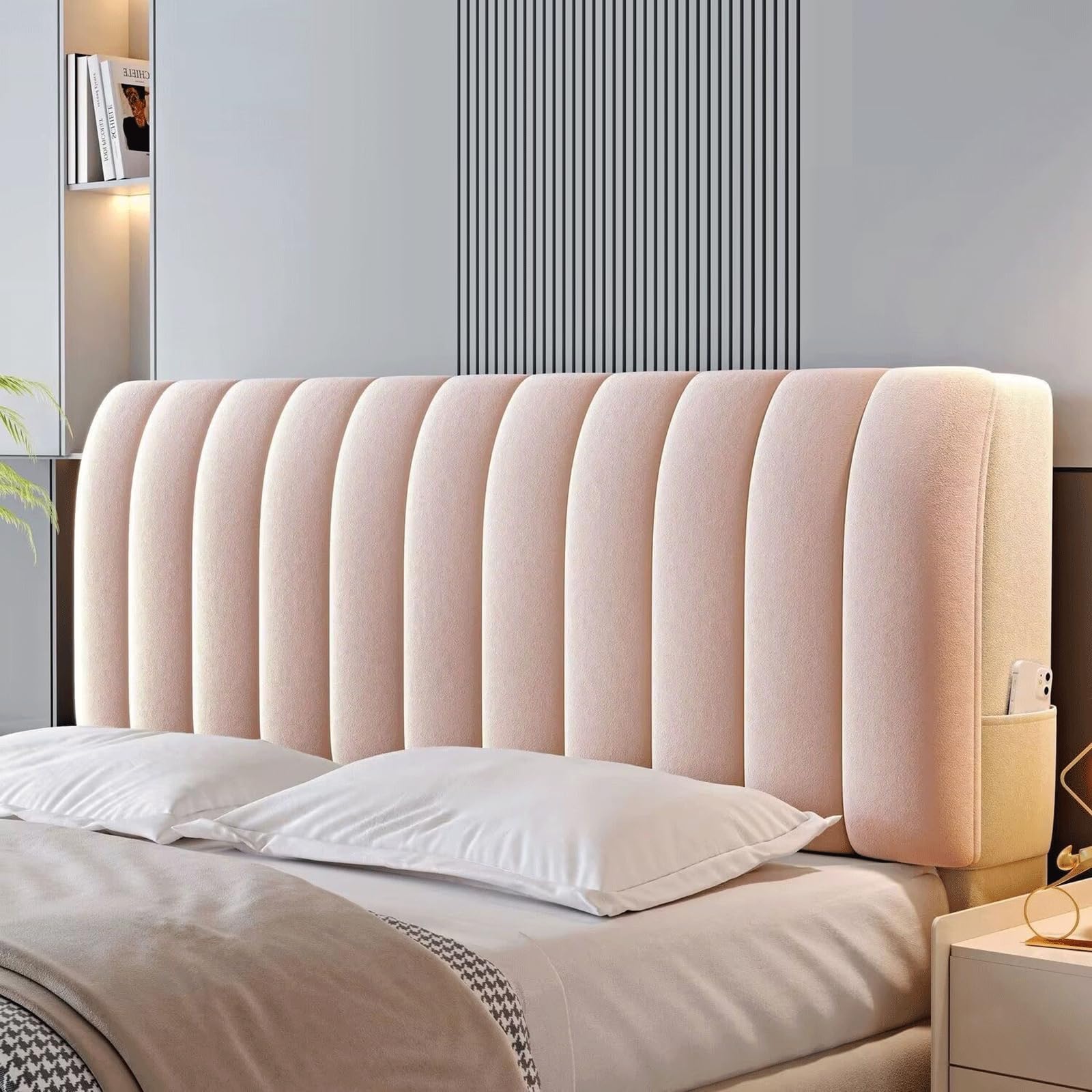 Velvet Stretch Headboard Cover - Plush Upholstered Bed Headboard Slipcover for Double, Queen & King Size Beds | Dustproof Protector (120cm, Pink) | Perfect for Bedroom Decor & Home Styling