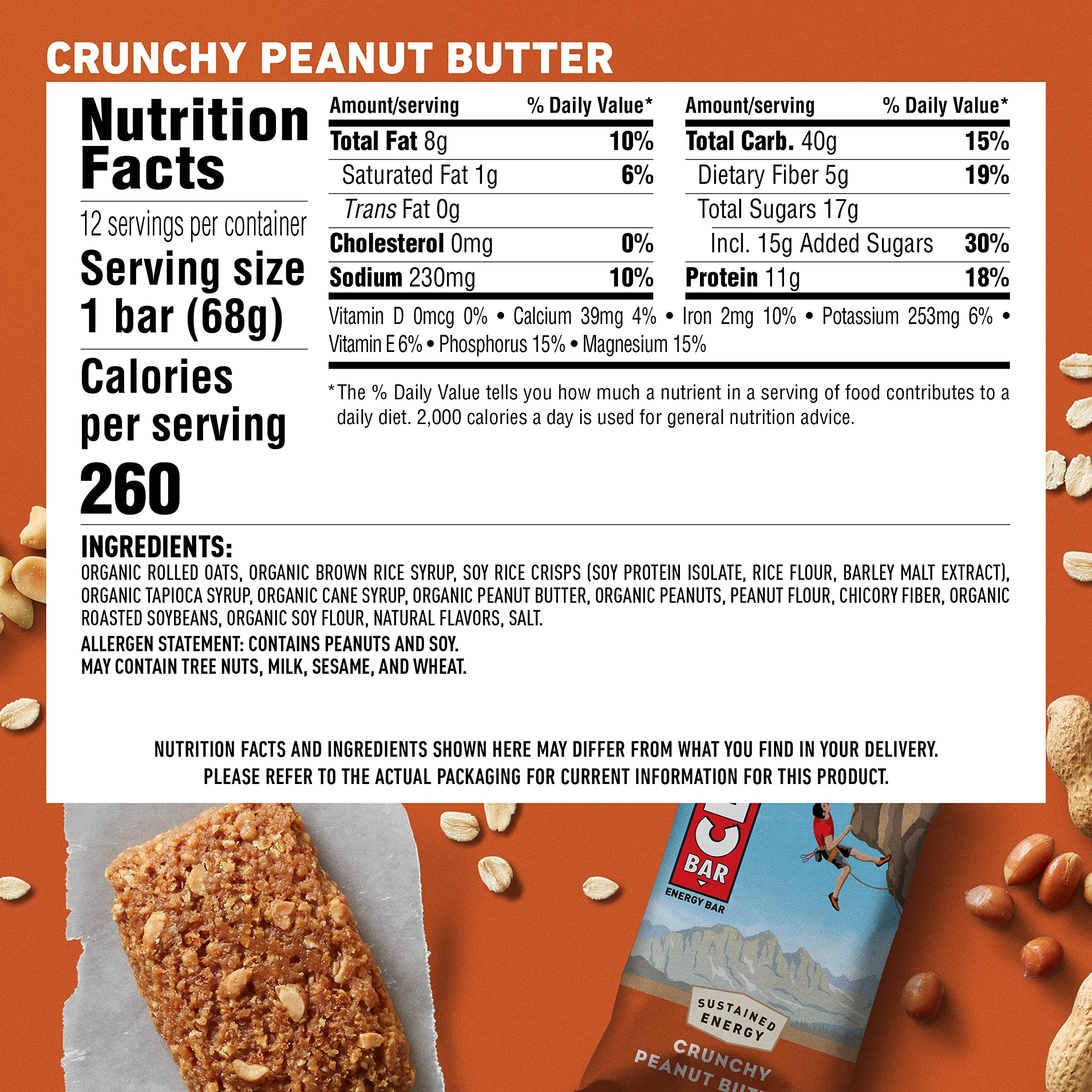 CLIF BARS Crunchy Peanut Butter Energy Bars - Organic Oats, Plant-Based Protein Snack - Vegetarian & Kosher Certified (12 Pack, 2.4oz Each) - Perfect for Hiking, Workouts & On-the-Go Nutrition