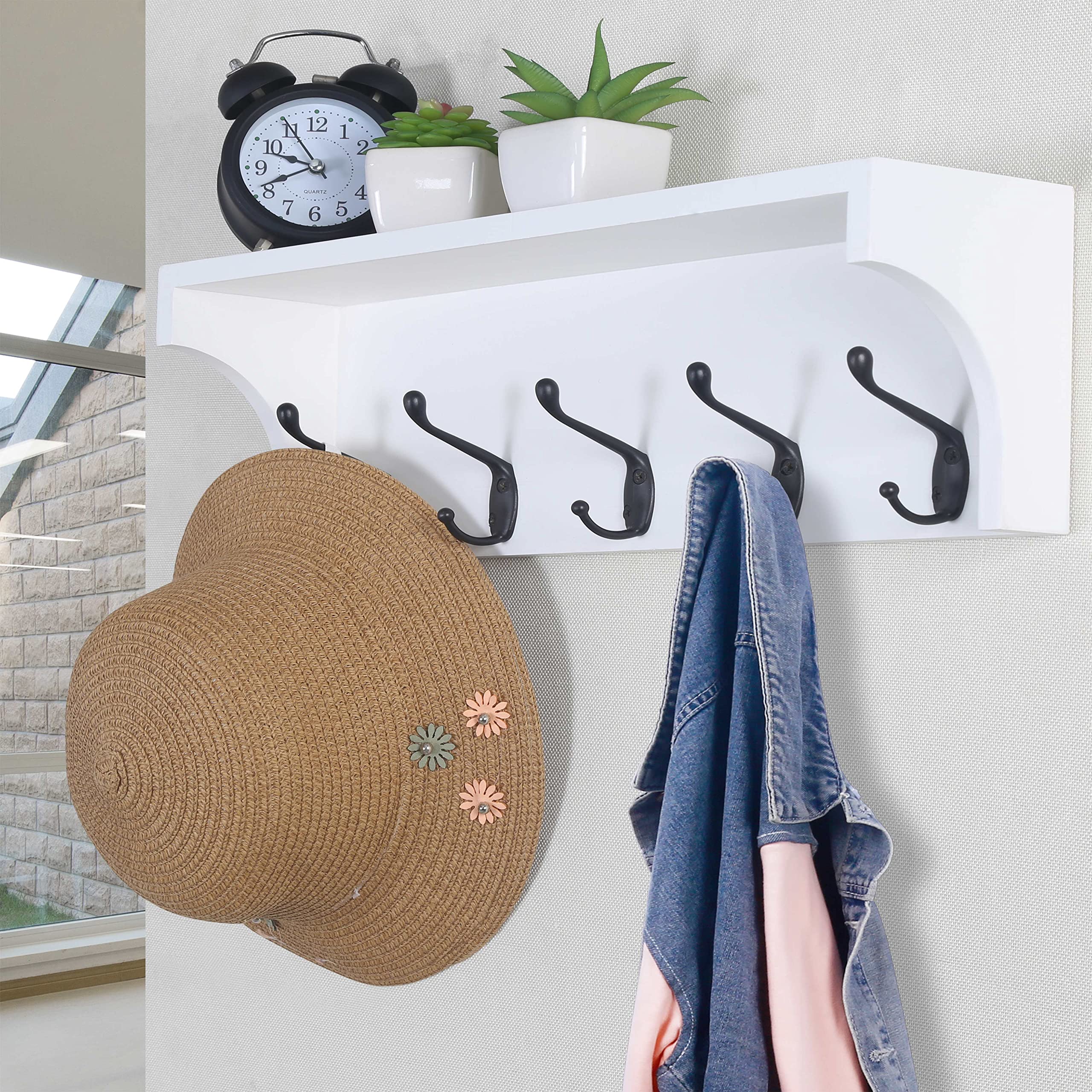 Dseap 17-inch Wall Shelf with 5 Dual Hooks - Heavy Duty Solid Pine Wood Coat Rack with Storage Shelf - Entryway Organizer for Mudroom, Kitchen, Bathroom, Bedroom - Perfect for Hanging Coats, Bags, Towels & Decor (White TEG02B)