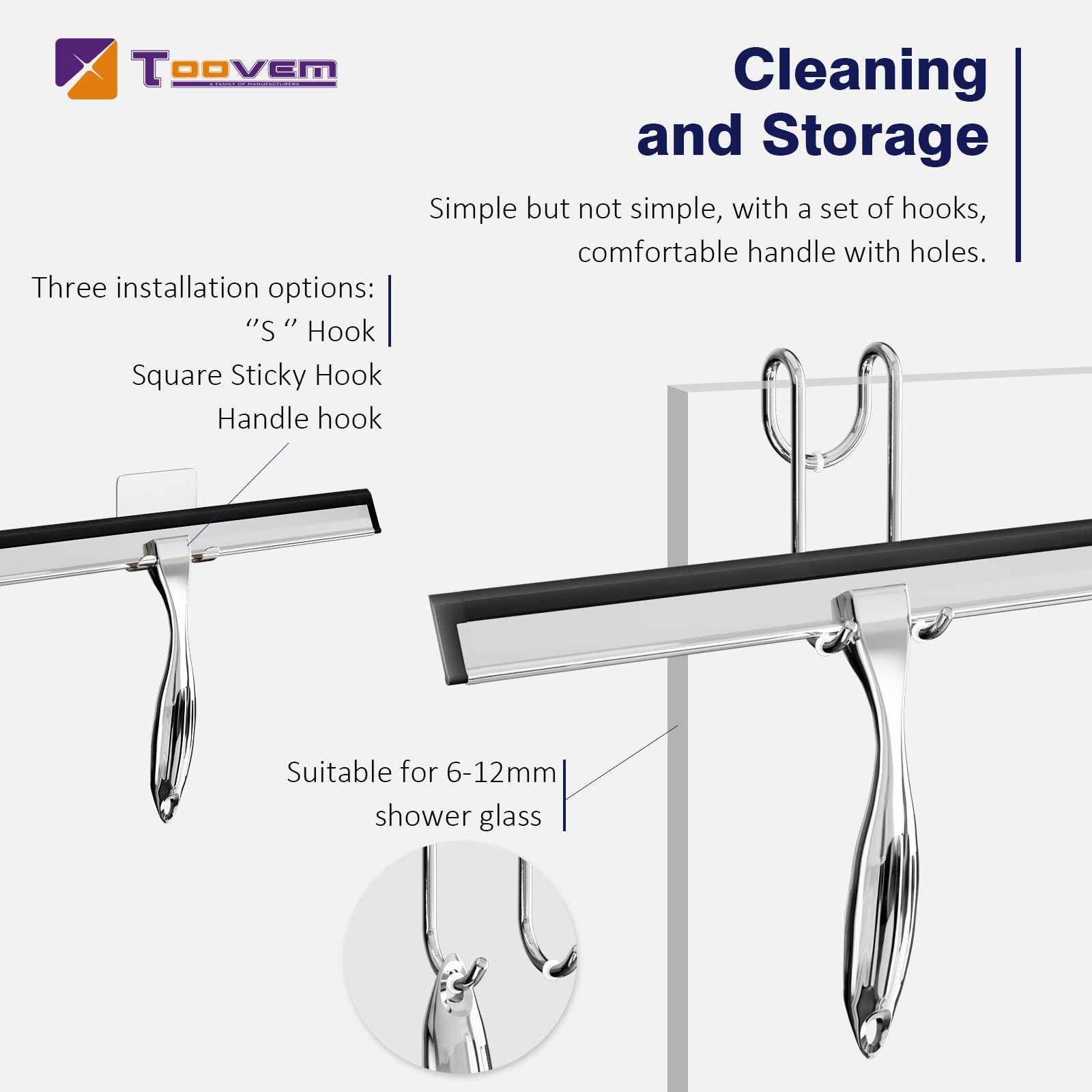 TOOVEM 12-Inch Shower Squeegee for Glass Shower Doors, Windows, Bathroom & Car Windshield - Stainless Steel Blade for Streak-Free Cleaning (Perfect for Daily Shower Maintenance & Auto Detailing)