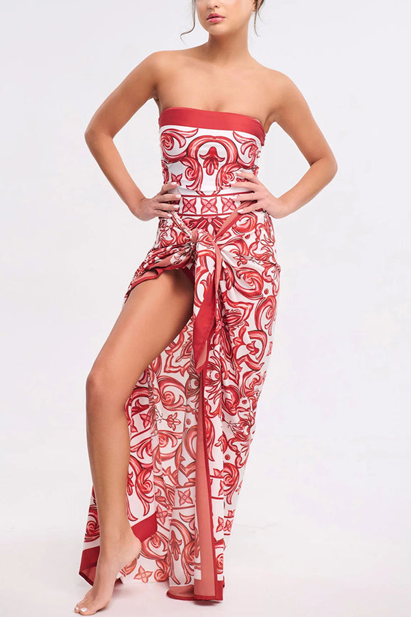 Summer Lovin Unique Royal Print Strapless One Piece Swimsuit with Pareo - Stretchy Bathing Suit for Women, Beach Vacation & Pool Party Outfit