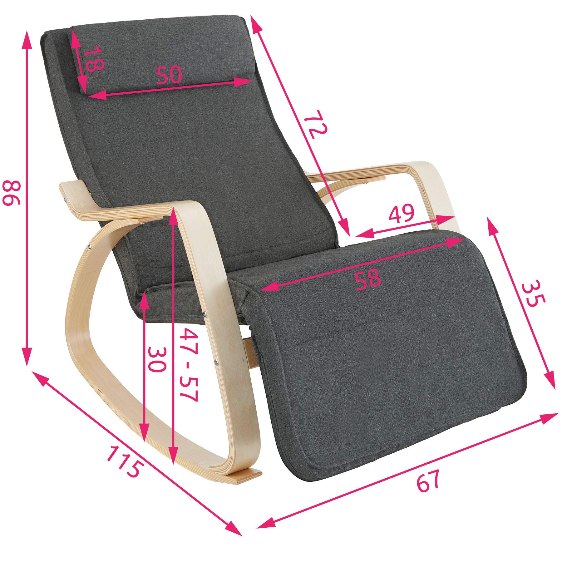 Tectake® Ergonomic Rocking Chair with Adjustable 5-Position Footrest, Soft Cushion with Zipper, Non-Slip Pads, Sturdy Frame - Dark Gray - Perfect for Living Room, Reading Nook & Relaxation