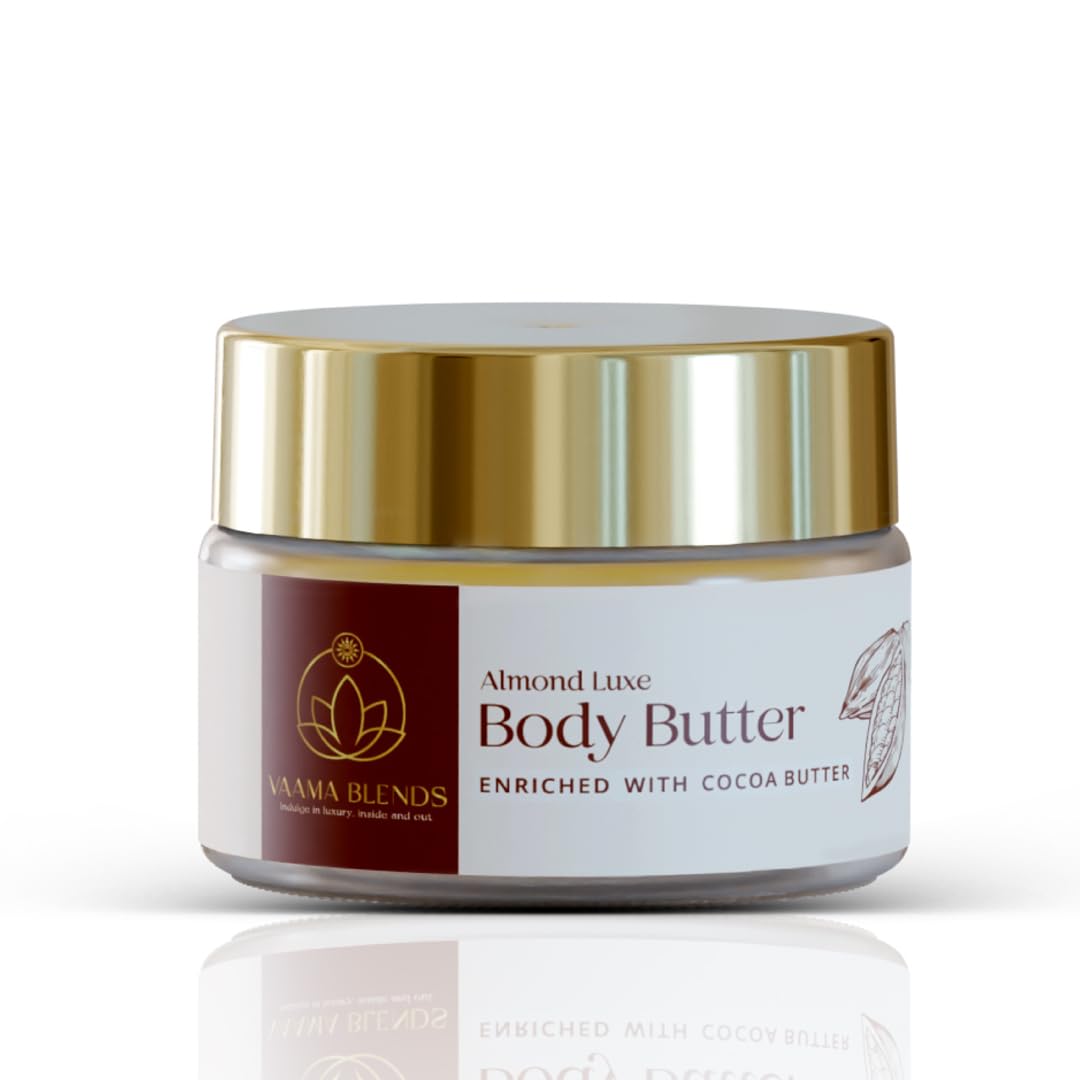 Vaama Blends Almond Luxe Body Butter for Dry Skin - Deep Nourishing & Shimmering Moisturizer for Women & Men | 50ml | Perfect for Daily Hydration, Spa Nights & Gift Giving