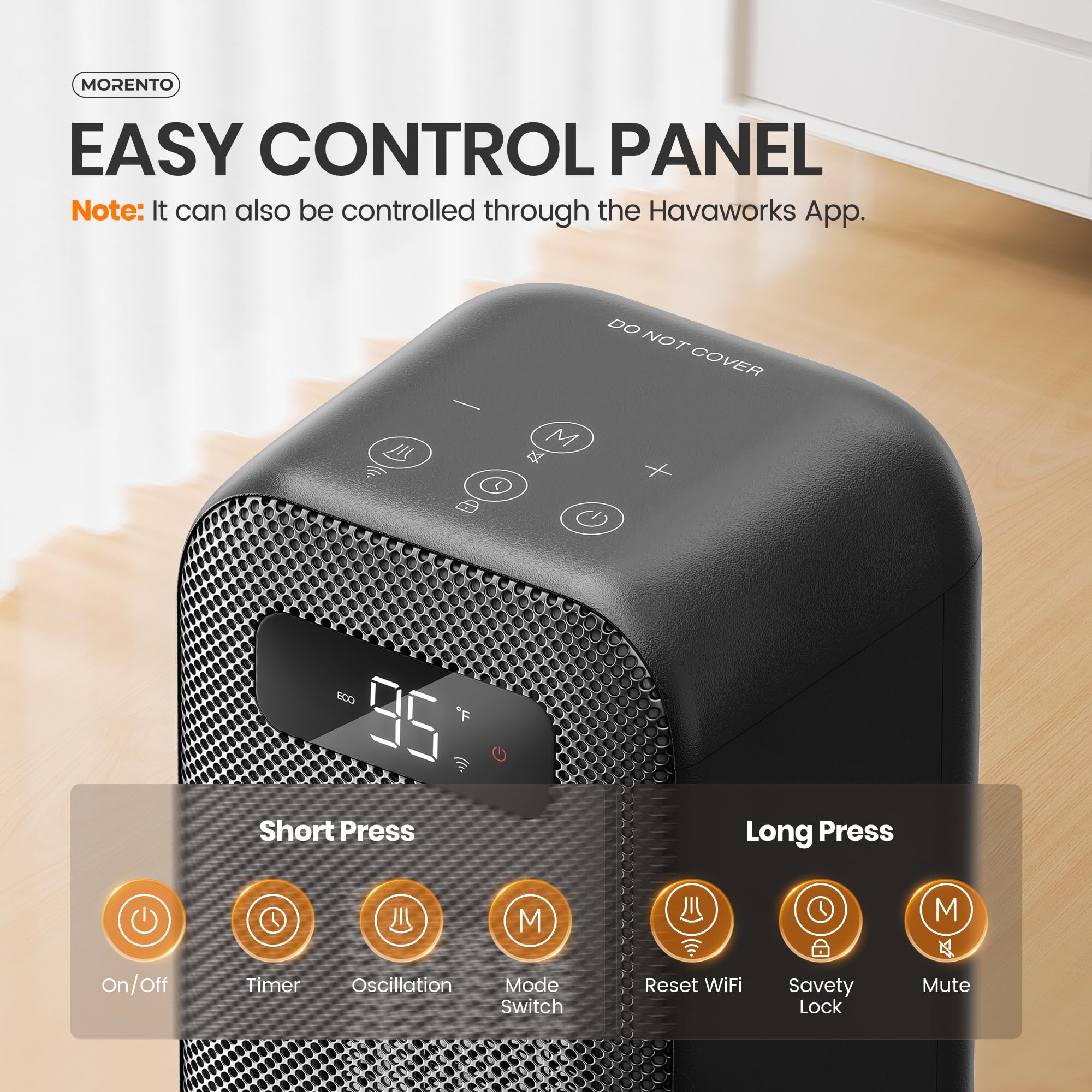 MORENTO 1500W Smart WiFi Space Heater with Voice Control, Thermostat & 12H Timer - Portable Electric Heater for Indoor Use in Office, Bedroom, Home - Quiet & Energy Efficient (Black) - Perfect for Winter Warmth & Cozy Comfort
