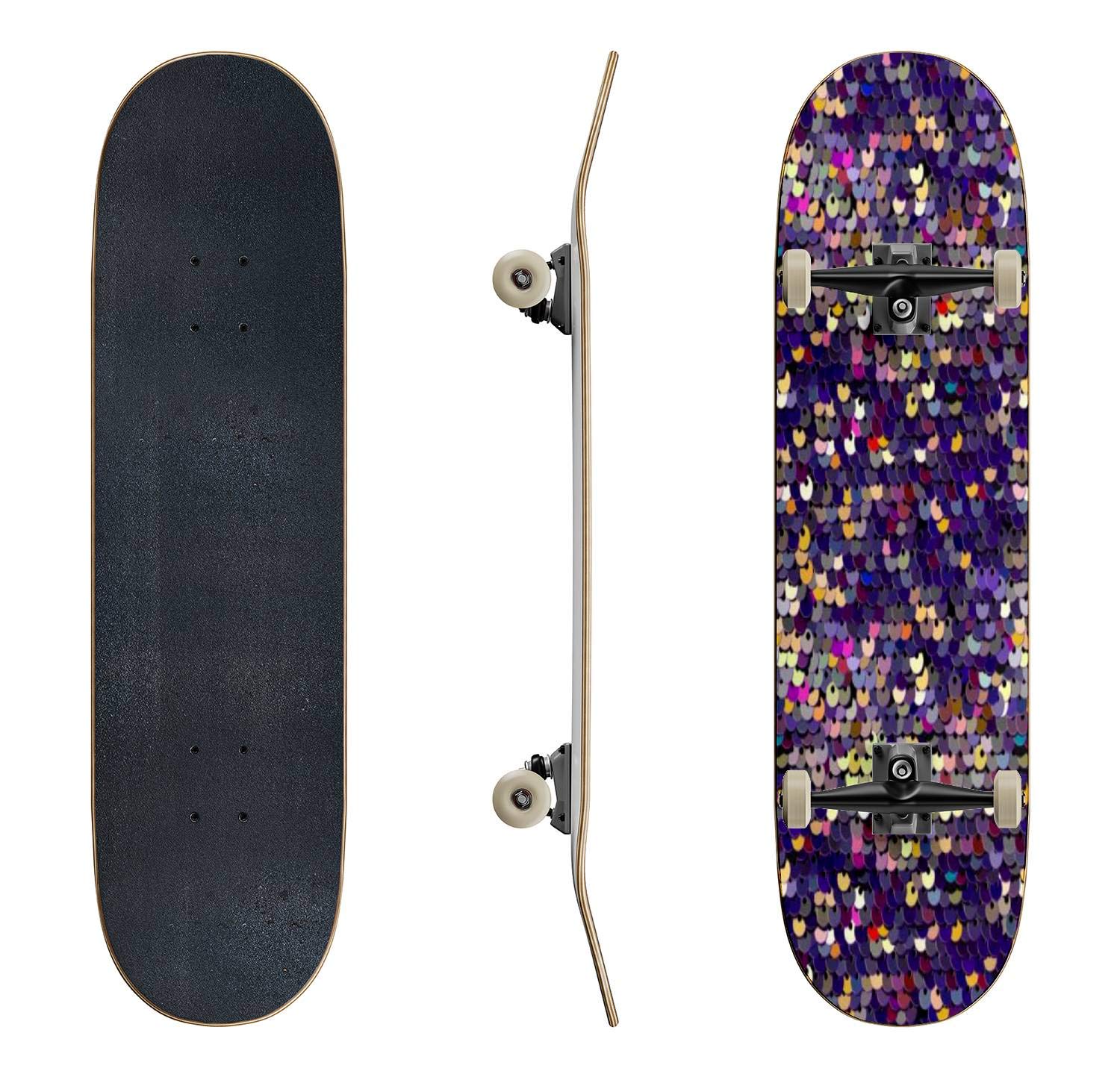 EFTOWEL Skateboards - Sequins Seamless Pattern Vector Purple Background Classic Concave Longboard | Beginner & Pro Skateboard for Extreme Sports | Perfect Teen Gift for Skate Parks, Street Riding & Commuting