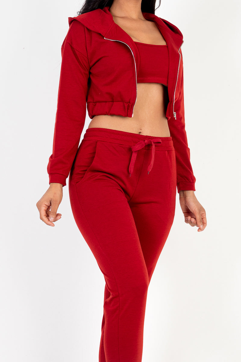 French Terry Cropped Cami with Zip Up Jacket & Joggers Set - Women's Casual Lounge Outfit | CAPELLA | Perfect for Yoga, Gym, Travel & Everyday Wear