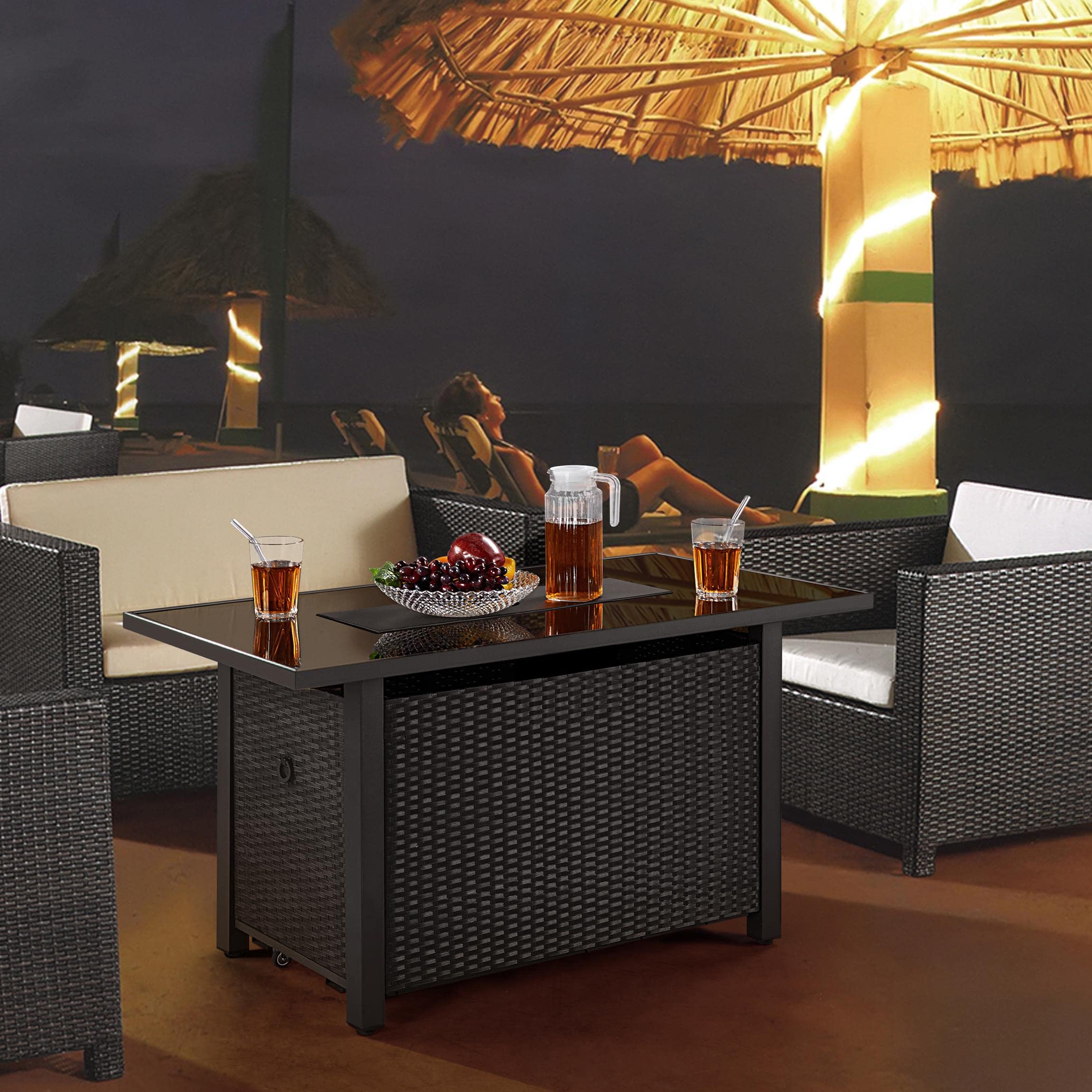Topeakmart 43 Inch Outdoor Propane Fire Pit Table - 50,000 BTU Gas Fire Pit with Tempered Glass Top & Rattan Wicker Base - Includes Fire Glass Stones - Perfect for Patio, Garden, Backyard, Deck & Outdoor Parties - 2-in-1 Heating & Entertainment Solution