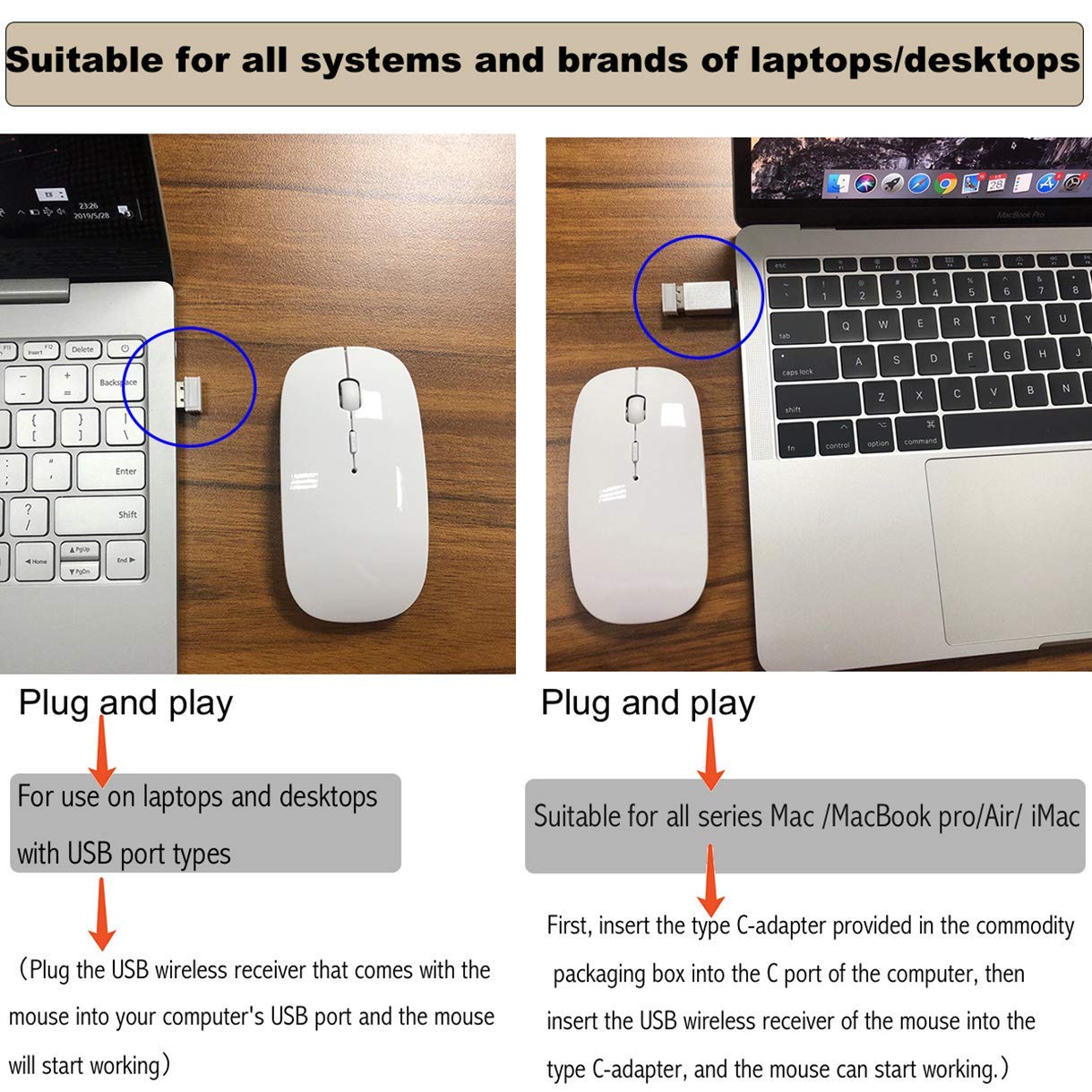 Rechargeable Wireless Mouse for MacBook Air/Pro, Laptop, Chromebook, Desktop - Compatible with Windows 7/8/10 & iMac - Ergonomic Design for Office Work, Gaming, and Home Use
