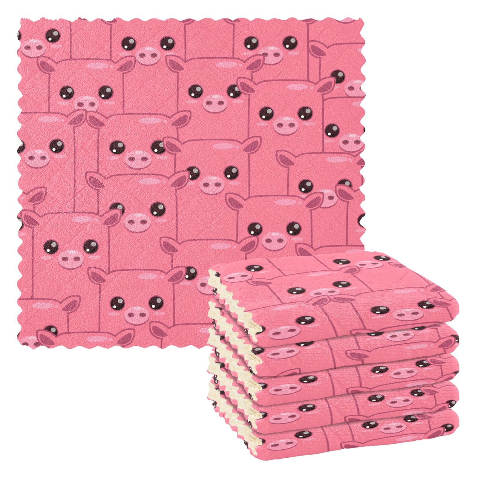 6 Pack Cute Pink Pig Animal Print Kitchen Dish Towels - 11