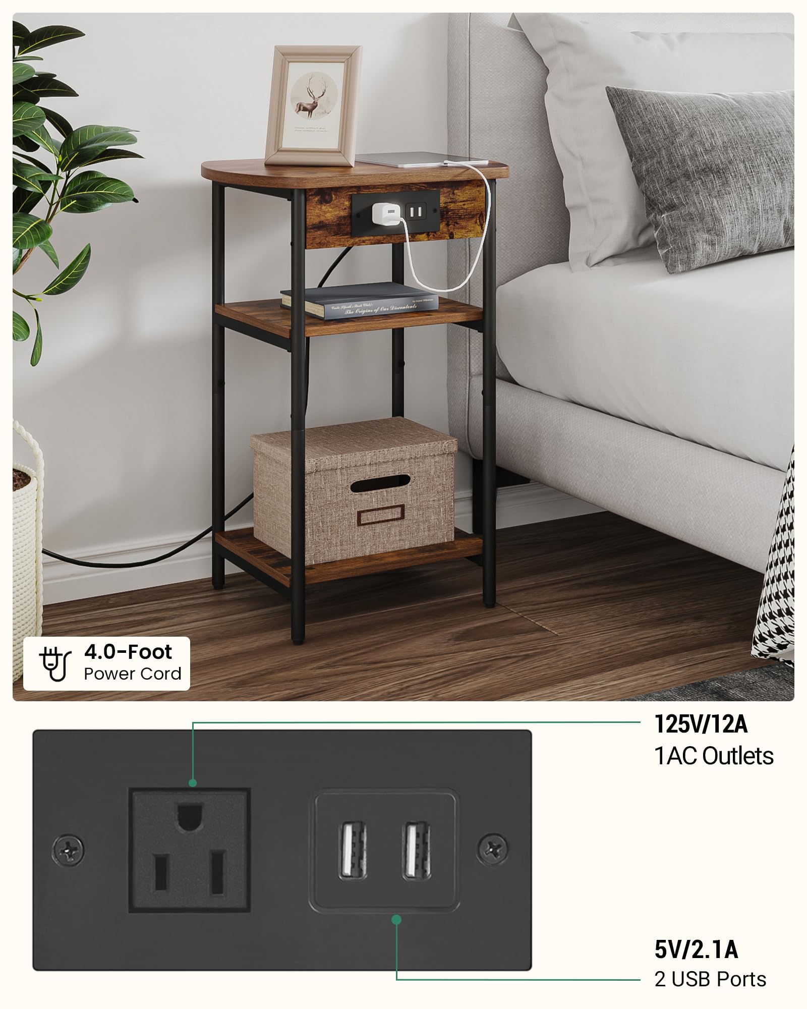 Modern Narrow End Tables with Charging Station - Set of 2 USB & Outlet Nightstands, Rustic Brown and Black Side Tables for Living Room & Bedroom - Perfect for Small Spaces, Phone Charging and Extra Storage ET15201B