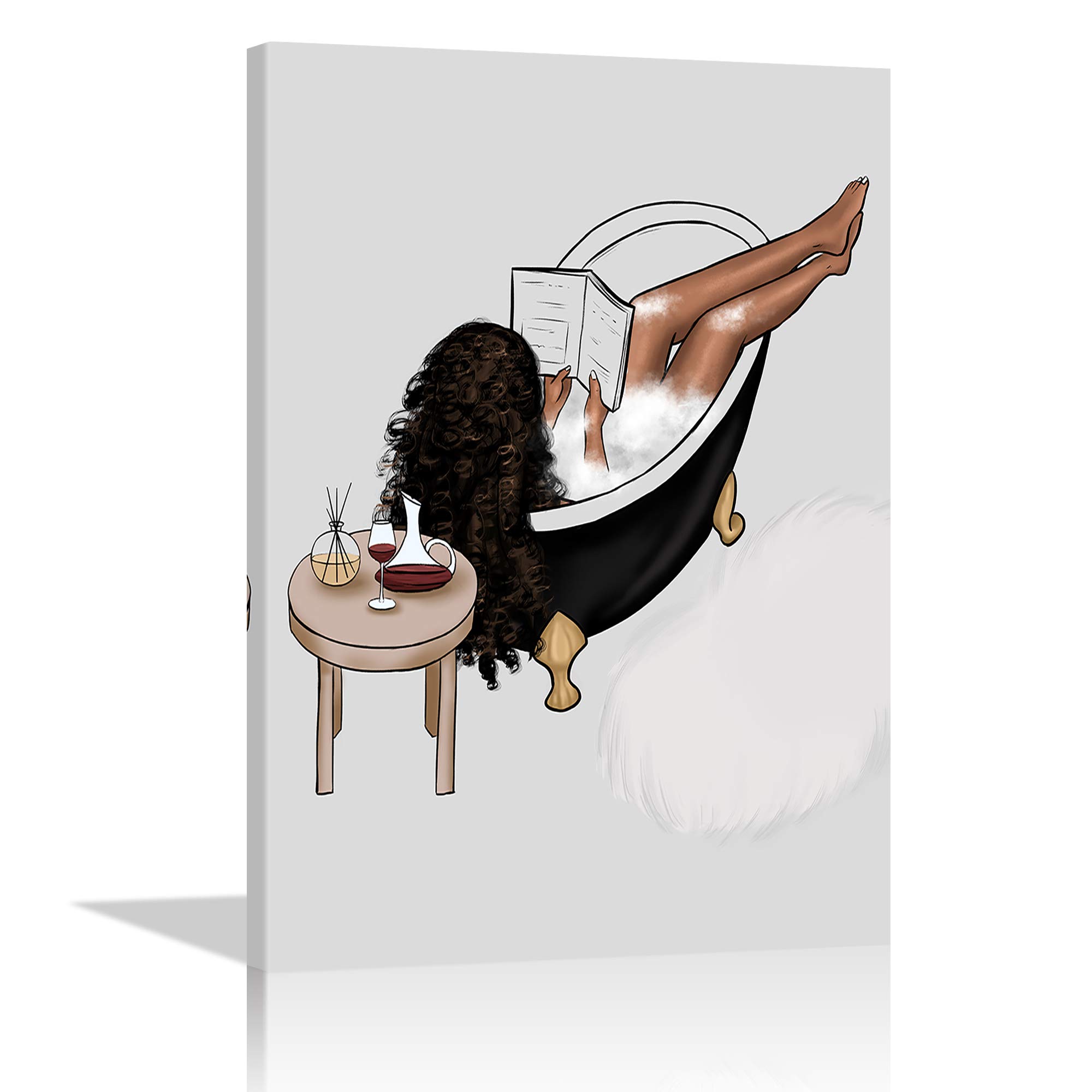 Black Women Relaxing Wall Art - African American Canvas Painting Modern Simple Style Poster for Bathroom, Bedroom, Living Room Decor - Framed Ready to Hang 28x44 Inches - Perfect for Home & Office Wall Decor