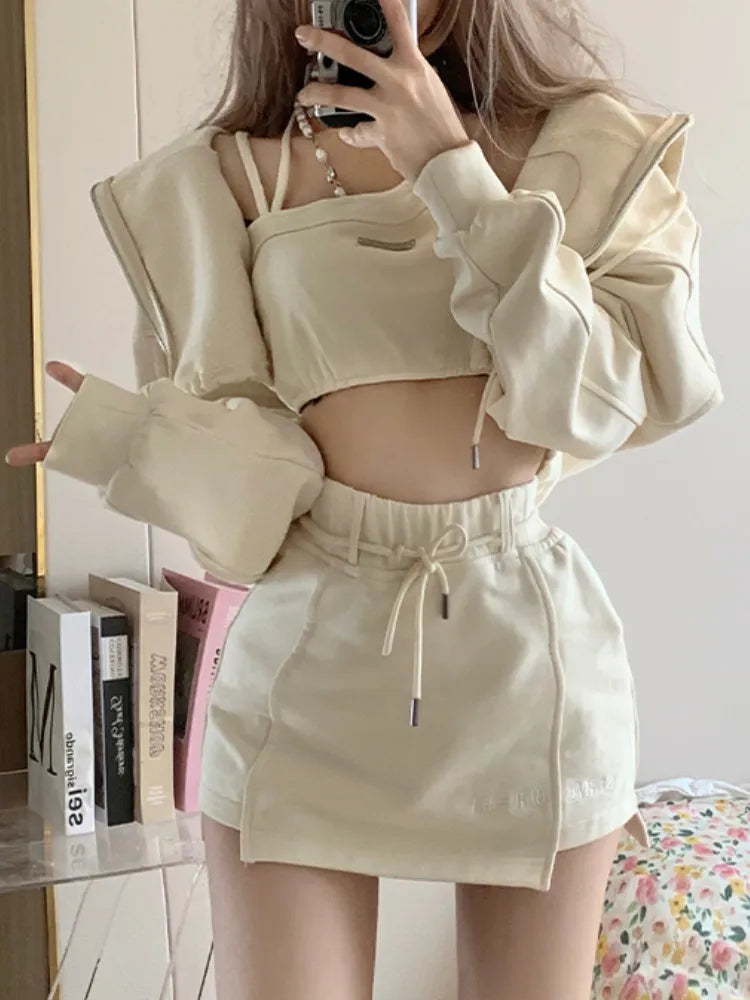 Women's 3-Piece Autumn Casual Set - Japanese Kawaii Hooded Sweatshirt & Korean Designer Mini Skirt Outfit | Cozy Fall Fashion for Streetwear, Dating & College Campus