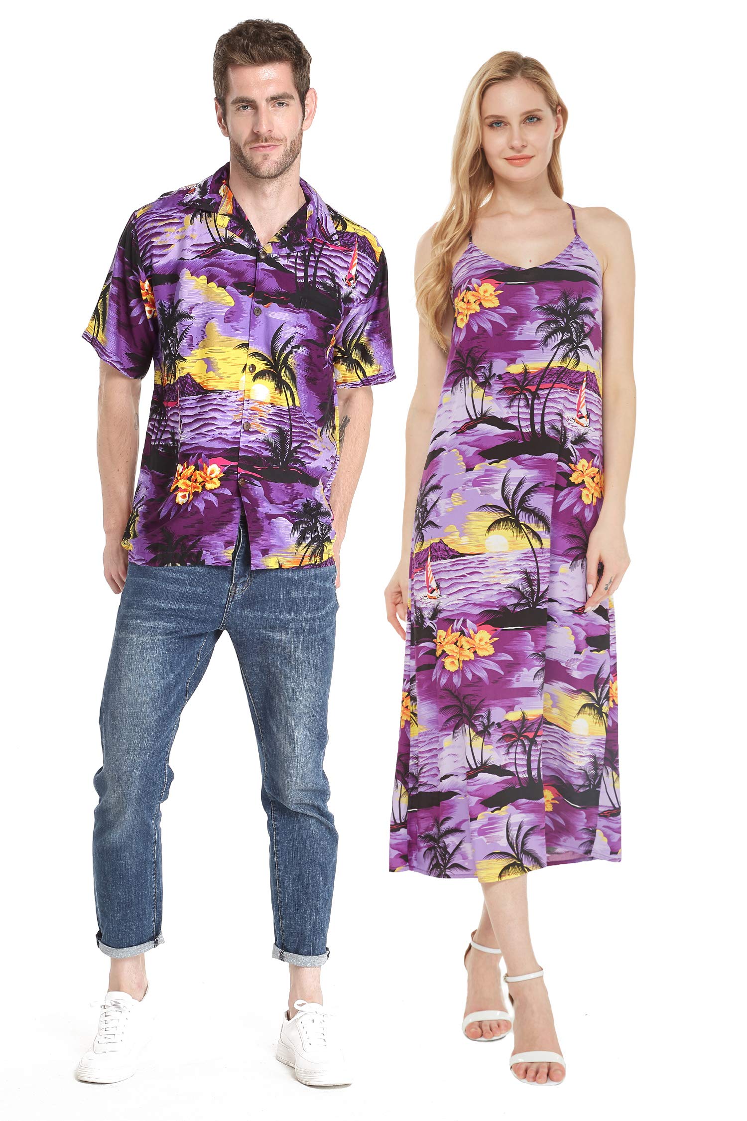 **Matching Couple Hawaiian Luau Shirts & Maxi Sweetheart Dress - Neon Sunset Print for Beach Vacation, Summer Party, and Tropical Date Night**