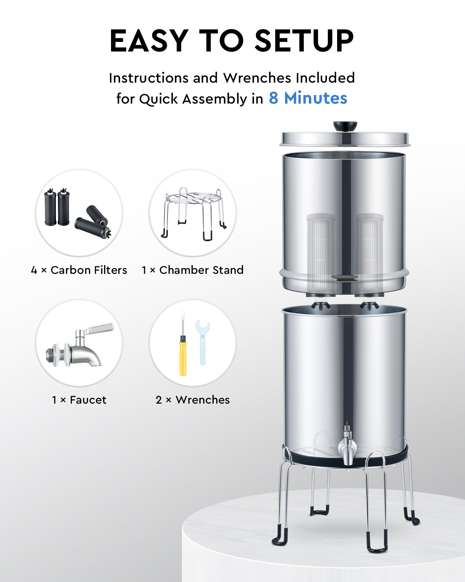 CO-Z 2.25 Gallon Gravity-Fed Water Filter System - NSF/ANSI 42 Certified Countertop Water Purifier with 4 Carbon Filters, Stainless Steel Design & Spigot - Perfect for Home, Office, Camping & Emergency Preparedness
