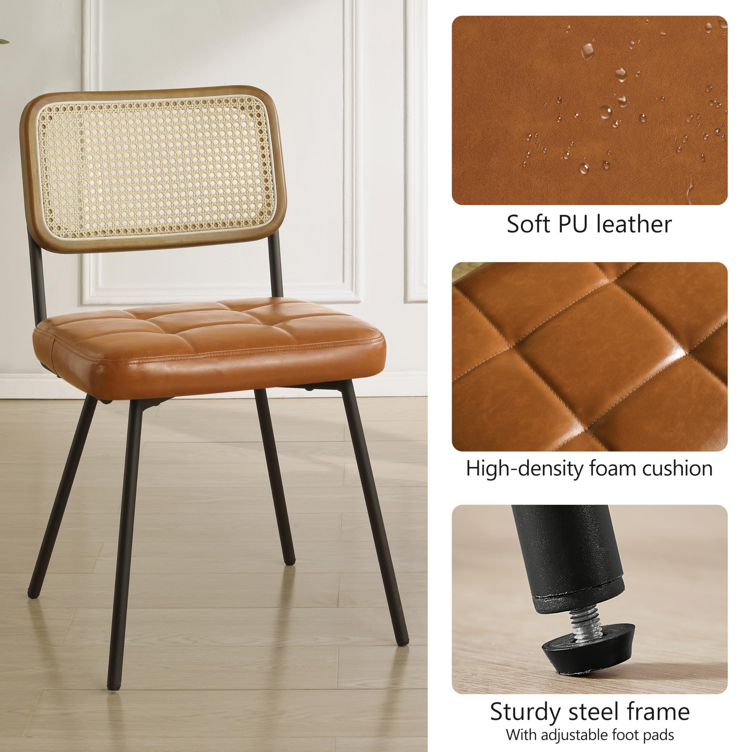 Art Leon Rattan Dining Chairs Set of 2 - Mid Century Modern Kitchen & Dining Room Chairs with Woven Rattan Back, Faux Leather Seat & Black Metal Legs - Sturdy Rubber Wood Frame in Yellow Brown - Perfect for Breakfast Nook, Bistro, Patio & Small Space Dining