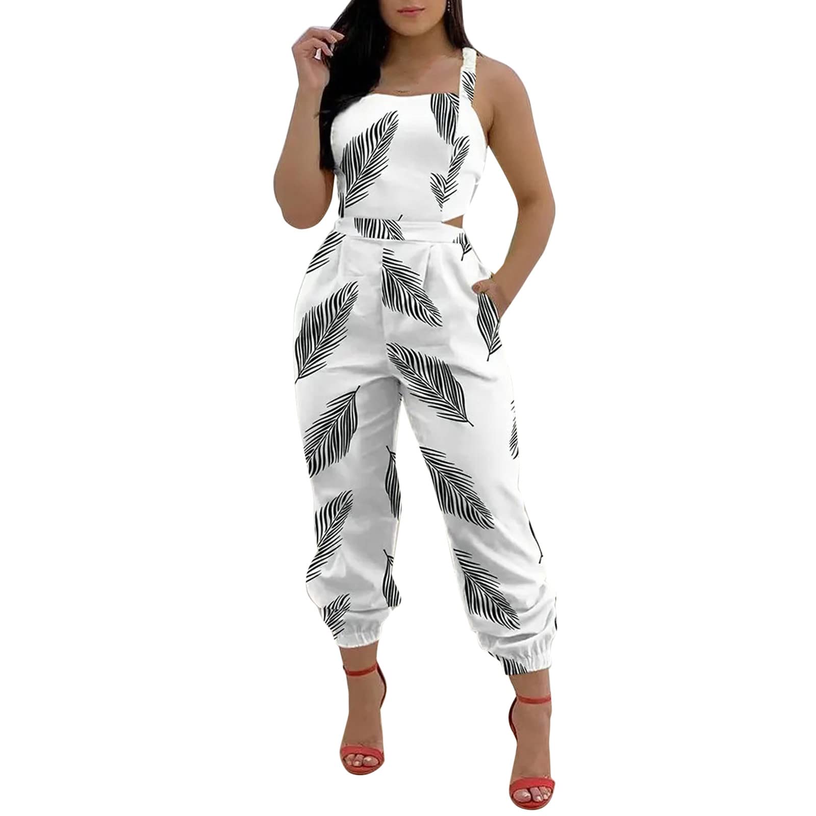 Women's Sexy Slim Fit Wide Leg Romper Jumpsuit - Summer Casual Sleeveless Backless Elastic Tie Waist Jumpsuit for Beach, Party & Daily Wear | O-Neck Sleeveless Fashion Outfit