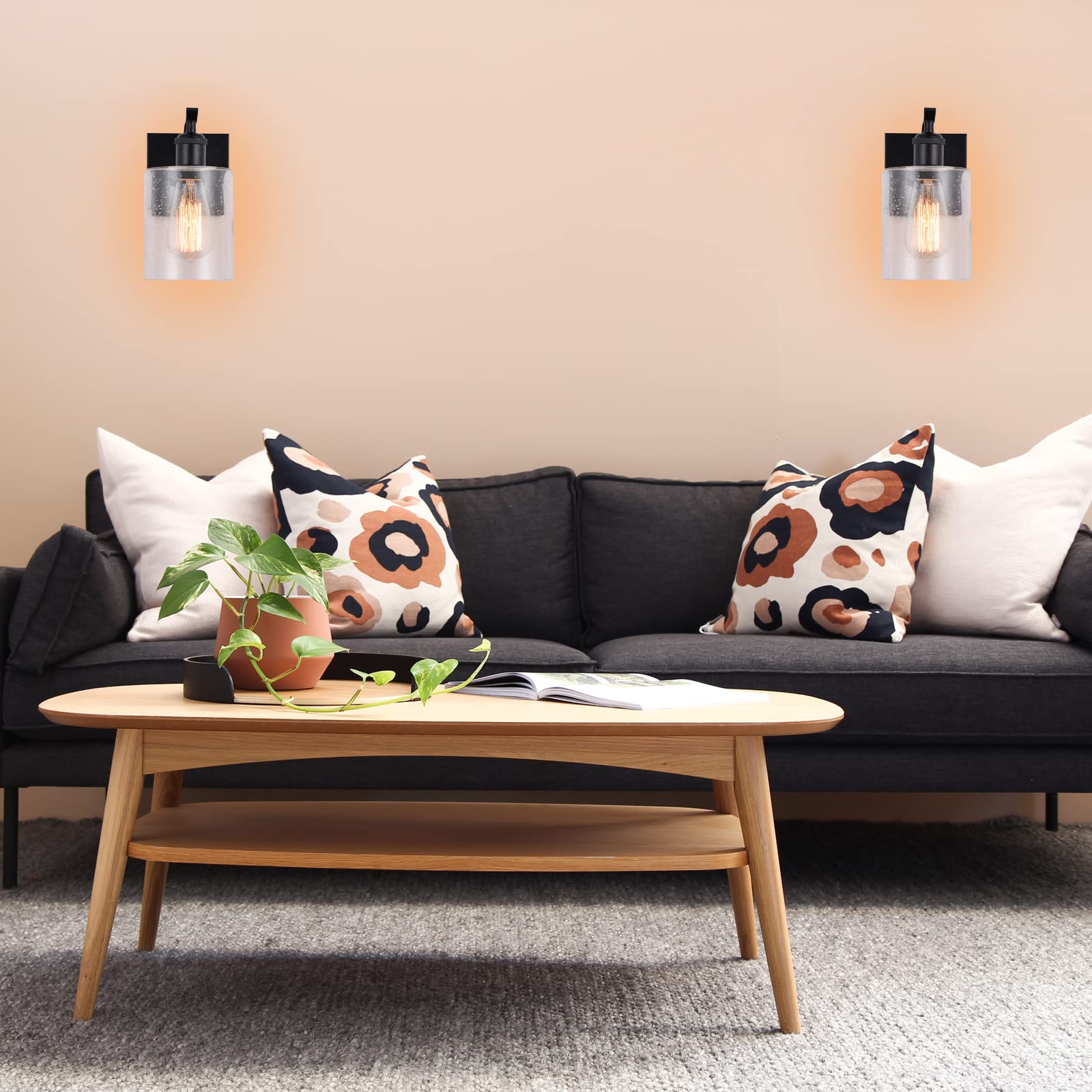 Black Wall Sconces Set of 2 - Farmhouse Vanity Light Fixtures with Bubbled Glass Shade for Bathroom, Bedroom, Living Room, Hallway & Kitchen - Perfect for Home Decor and Ambient Lighting