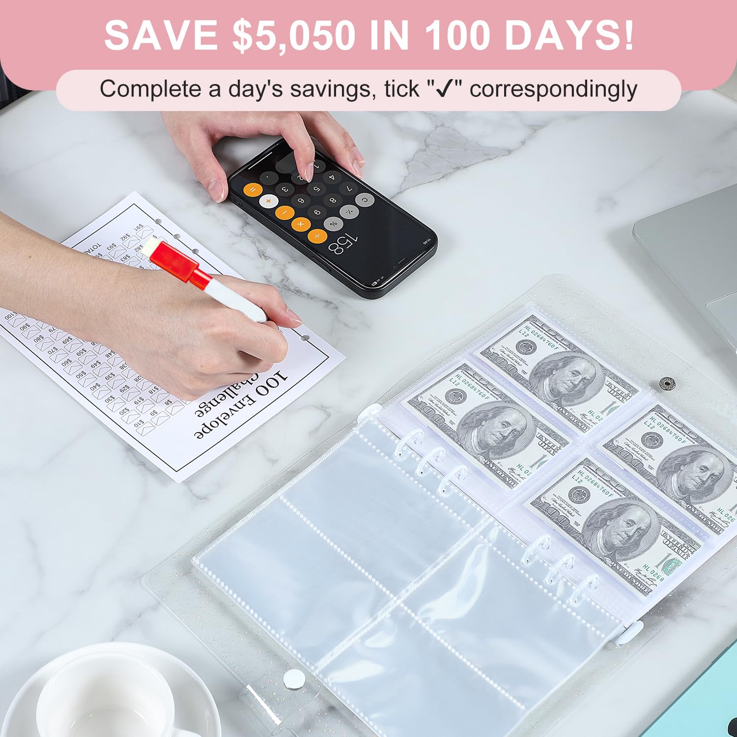 100 Envelopes Money Saving Challenge Binder - Budget Organizer with Cash Envelopes, Pen & Expense Sheets - Save $5,050 Easily (Purple) - Perfect for Personal Finance, Cash Budgeting & Debt Payoff Planning