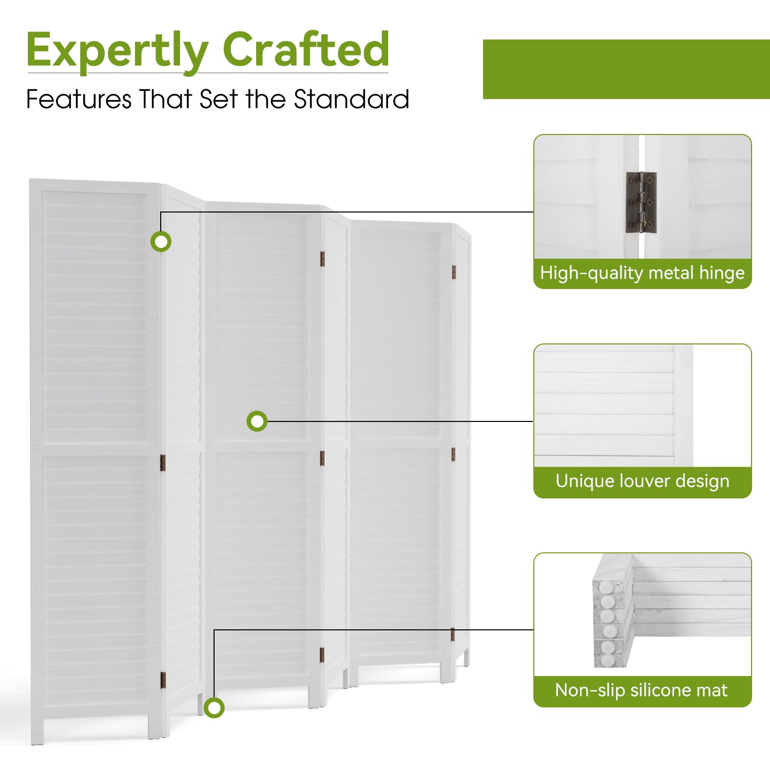 6 Panel Wood Room Divider - 5.57 FT Tall Folding Privacy Screen, Freestanding Partition Wall for Home & Office Separation - Perfect for Living Room, Bedroom, Studio or Event Space