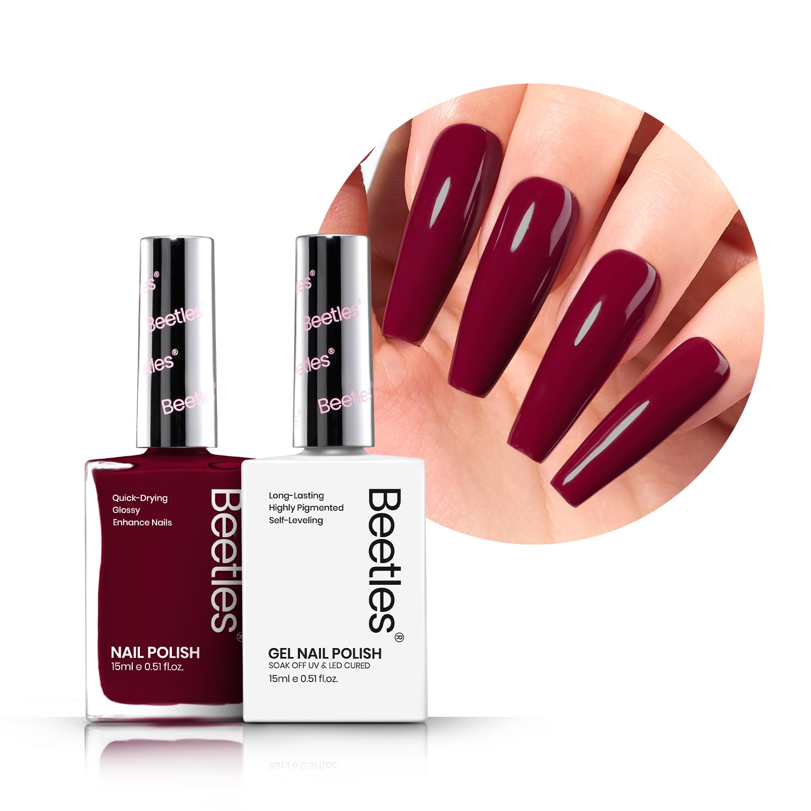 Beetles 2Pcs Dark Red Gel Nail Polish Set - Long Lasting Burgundy Nail Polish, Quick Dry Professional Gel Polish for Nail Salon & DIY Manicure | Perfect Valentine's Gift for Women, Classic Red Nail Color for Parties, Weddings & Special Occasions