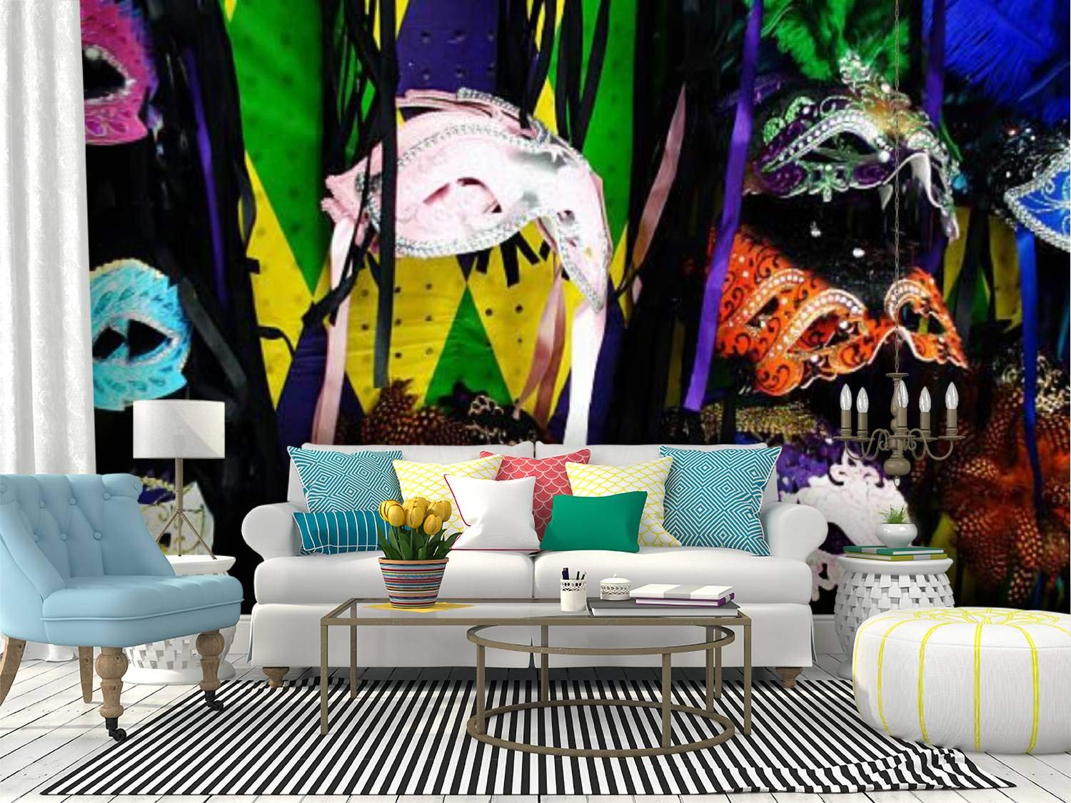 Mardi Gras Costume Party Mask New Orleans Style Peel and Stick Wallpaper - Self-Adhesive Removable Vinyl Wall Mural for Home Decor, Large Wall Sticker, Shelf Paper - Perfect for Festive Parties, Living Room Accent Walls & DIY Home Improvement